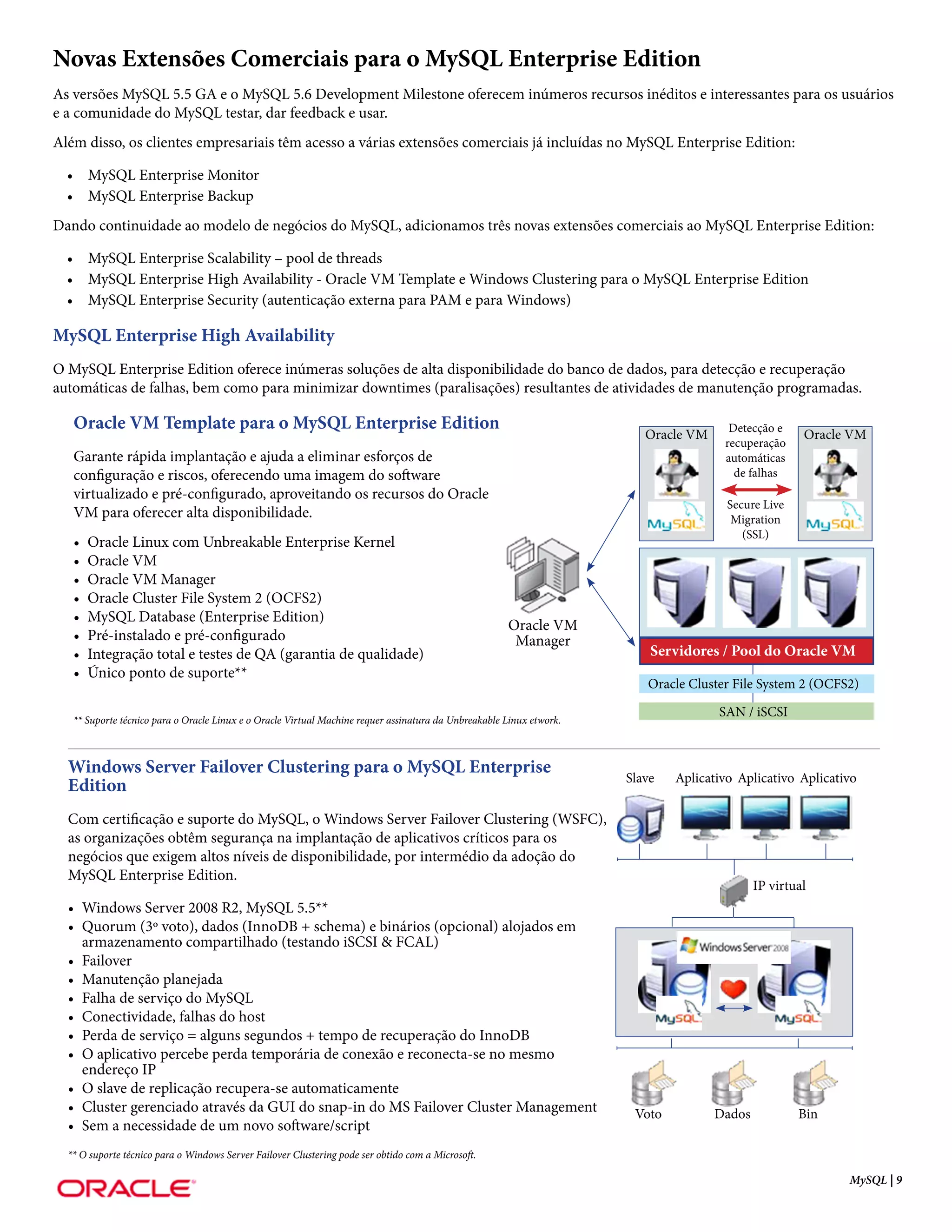 Novas Extensões Comerciais para o MySQL Enterprise Edition
As versões MySQL 5.5 GA e o MySQL 5.6 Development Milestone oferecem inúmeros recursos inéditos e interessantes para os usuários
e a comunidade do MySQL testar, dar feedback e usar.
Além disso, os clientes empresariais têm acesso a várias extensões comerciais já incluídas no MySQL Enterprise Edition:

  • MySQL Enterprise Monitor
  • MySQL Enterprise Backup
Dando continuidade ao modelo de negócios do MySQL, adicionamos três novas extensões comerciais ao MySQL Enterprise Edition:

  • MySQL Enterprise Scalability – pool de threads
  • MySQL Enterprise High Availability - Oracle VM Template e Windows Clustering para o MySQL Enterprise Edition
  • MySQL Enterprise Security (autenticação externa para PAM e para Windows)

MySQL Enterprise High Availability
O MySQL Enterprise Edition oferece inúmeras soluções de alta disponibilidade do banco de dados, para detecção e recuperação
automáticas de falhas, bem como para minimizar downtimes (paralisações) resultantes de atividades de manutenção programadas.

   Oracle VM Template para o MySQL Enterprise Edition                                                                                  Detecção e
                                                                                                                         Oracle VM                    Oracle VM
                                                                                                                                      recuperação
   Garante rápida implantação e ajuda a eliminar esforços de                                                                          automáticas
   configuração e riscos, oferecendo uma imagem do software                                                                             de falhas
   virtualizado e pré-configurado, aproveitando os recursos do Oracle
                                                                                                                                       Secure Live
   VM para oferecer alta disponibilidade.                                                                                               Migration
                                                                                                                                          (SSL)
   •   Oracle Linux com Unbreakable Enterprise Kernel
   •   Oracle VM
   •   Oracle VM Manager
   •   Oracle Cluster File System 2 (OCFS2)
   •   MySQL Database (Enterprise Edition)
                                                                                                      Oracle VM
   •   Pré-instalado e pré-configurado                                                                 Manager
   •   Integração total e testes de QA (garantia de qualidade)                                                            Servidores / Pool do Oracle VM
   •   Único ponto de suporte**
                                                                                                                         Oracle Cluster File System 2 (OCFS2)

                                                                                                                                     SAN / iSCSI
   ** Suporte técnico para o Oracle Linux e o Oracle Virtual Machine requer assinatura da Unbreakable Linux etwork.



  Windows Server Failover Clustering para o MySQL Enterprise
                                                                                                                      Slave   Aplicativo Aplicativo Aplicativo
  Edition
  Com certificação e suporte do MySQL, o Windows Server Failover Clustering (WSFC),
  as organizações obtêm segurança na implantação de aplicativos críticos para os
  negócios que exigem altos níveis de disponibilidade, por intermédio da adoção do
  MySQL Enterprise Edition.
                                                                                                                                             IP virtual
  • Windows Server 2008 R2, MySQL 5.5**
  • Quorum (3º voto), dados (InnoDB + schema) e binários (opcional) alojados em
    armazenamento compartilhado (testando iSCSI & FCAL)
  • Failover
  • Manutenção planejada
  • Falha de serviço do MySQL
  • Conectividade, falhas do host
  • Perda de serviço = alguns segundos + tempo de recuperação do InnoDB
  • O aplicativo percebe perda temporária de conexão e reconecta-se no mesmo
    endereço IP
  • O slave de replicação recupera-se automaticamente
  • Cluster gerenciado através da GUI do snap-in do MS Failover Cluster Management                                     Voto          Dados           Bin
  • Sem a necessidade de um novo software/script
  ** O suporte técnico para o Windows Server Failover Clustering pode ser obtido com a Microsoft.

                                                                                                                                                            MySQL | 9
 