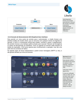 White Paper




                                                                                           SwitchApplication
                                                                                           fornece uma solução
                                                                                           para adicionar e remover
                                                                                           IPs Virtuais e servidores
                                                                                           (hostnames)
                                                                                           automaticamente
                                                                                           através do failover do
                                                                                           DBShadow ou
                                                                                           FSShadow




4.2.4.Console de Gerenciamento GUI (Graphical User interface)
Para permitir um único ponto de controle para o administrador, a Libelle fornece uma
Interface Gráfica de Usuário (GUI), que se comunica com qualquer número de Agentes do
Servidor. A GUI é o componente central para instalar, controlar e operar o espelhamento.
Ela também fornece uma interface gráfica simples para executar Failovers de Emergência
ou testes de Recuperação de Desastres. Como os agentes do servidor estão fazendo as
tarefas de replicação, o GUI serve apenas para monitoramento e operação, mas não uma
parte ativa do processo de réplica.
Os agentes agem de forma independente e podem enviar mensagens (SMTP ou não), e
são geridos também por linha de comando.


                                                                                           BusinessShadow
                                                                                           GUI na Versão 5.

                                                                                           Este exemplo mostra a
                                                                                           GUI exibindo seis grupos
                                                                                           do sistema no lado
                                                                                           esquerdo, mostrando o
                                                                                           grupo 'Produção' no
                                                                                           meio.

                                                                                           Cada grupo contém
                                                                                           alguns erros.

                                                                                           A marca de verificação
                                                                                           verde um status 'ok'. O X
                                                                                           vermelho ilustra "erros"
                                                                                           (como base de dados
                                                                                           inativa). Marca de
                                                                                           explicação Amarela,
                                                                                           ilustra advertências
                                                                                           (‘warnings’ - por
                                                                                           exemplo, a falta de
                                                                                           espaço em disco)




©Libelle   AG. All rights reserved. Printed: October 2010                                                  10/25
 