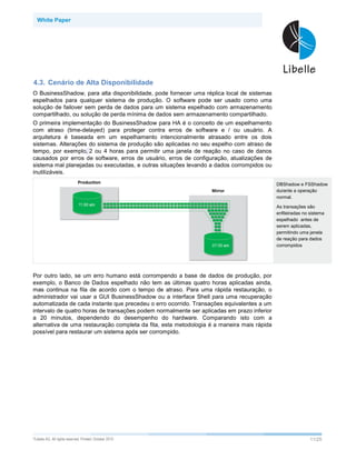 White Paper




4.3. Cenário de Alta Disponibilidade
O BusinessShadow, para alta disponibilidade, pode fornecer uma réplica local de sistemas
espelhados para qualquer sistema de produção. O software pode ser usado como uma
solução de failover sem perda de dados para um sistema espelhado com armazenamento
compartilhado, ou solução de perda mínima de dados sem armazenamento compartilhado.
O primeira implementação do BusinessShadow para HA é o conceito de um espelhamento
com atraso (time-delayed) para proteger contra erros de software e / ou usuário. A
arquitetura é baseada em um espelhamento intencionalmente atrasado entre os dois
sistemas. Alterações do sistema de produção são aplicadas no seu espelho com atraso de
tempo, por exemplo, 2 ou 4 horas para permitir uma janela de reação no caso de danos
causados por erros de software, erros de usuário, erros de configuração, atualizações de
sistema mal planejadas ou executadas, e outras situações levando a dados corrompidos ou
inutilizáveis.

                                                                                            DBShadow e FSShadow
                                                                                            durante a operação
                                                                                            normal.

                                                                                            As transações são
                                                                                            enfileiradas no sistema
                                                                                            espelhado antes de
                                                                                            serem aplicadas,
                                                                                            permitindo uma janela
                                                                                            de reação para dados
                                                                                            corrompidos




Por outro lado, se um erro humano está corrompendo a base de dados de produção, por
exemplo, o Banco de Dados espelhado não tem as últimas quatro horas aplicadas ainda,
mas continua na fila de acordo com o tempo de atraso. Para uma rápida restauração, o
administrador vai usar a GUI BusinessShadow ou a interface Shell para uma recuperação
automatizada de cada instante que precedeu o erro ocorrido. Transações equivalentes a um
intervalo de quatro horas de transações podem normalmente ser aplicadas em prazo inferior
a 20 minutos, dependendo do desempenho do hardware. Comparando isto com a
alternativa de uma restauração completa da fita, esta metodologia é a maneira mais rápida
possível para restaurar um sistema após ser corrompido.




©Libelle   AG. All rights reserved. Printed: October 2010                                                   11/25
 