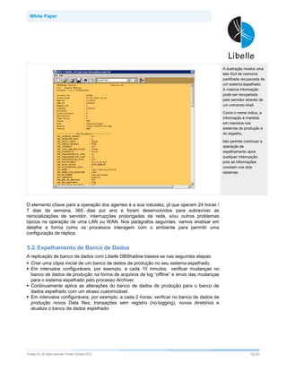 White Paper




                                                                                             A ilustração mostra uma
                                                                                             tela GUI de memória
                                                                                             partilhada recuperada de
                                                                                             um sistema espelhado.
                                                                                             A mesma informação
                                                                                             pode ser recuperada
                                                                                             pelo servidor através de
                                                                                             um comando shell.

                                                                                             Como o nome indica, a
                                                                                             informação é mantida
                                                                                             em memória nos
                                                                                             sistemas de produção e
                                                                                             do espelho.

                                                                                             Isto permite continuar a
                                                                                             operação de
                                                                                             espelhamento após
                                                                                             qualquer interrupção,
                                                                                             pois as informações
                                                                                             constam nos dois
                                                                                             sistemas.




O elemento chave para a operação dos agentes é a sua robustez, já que operam 24 horas /
7 dias da semana, 365 dias por ano e foram desenvolvidos para sobreviver as
reinicializações de servidor, interrupções prolongadas de rede, e/ou outros problemas
típicos na operação de uma LAN ou WAN. Nos parágrafos seguintes, vamos analisar em
detalhe a forma como os processos interagem com o ambiente para permitir uma
configuração de réplica.


5.2. Espelhamento de Banco de Dados
A replicação de banco de dados com Libelle DBShadow baseia-se nas seguintes etapas:
  Criar uma cópia inicial de um banco de dados de produção no seu sistema espelhado.
  Em intervalos configuráveis, por exemplo, a cada 10 minutos, verificar mudanças no
  banco de dados de produção na forma de arquivos de log “offline” e envio das mudanças
  para o sistema espelhado pelo processo Archiver.
  Continuamente aplica as alterações do banco de dados de produção para o banco de
  dados espelhado com um atraso customizável.
  Em intervalos configuráveis, por exemplo, a cada 2 horas, verificar no banco de dados de
  produção novos Data files, transações sem registro (no-logging), novos diretórios e
  atualiza o banco de dados espelhado.




©Libelle   AG. All rights reserved. Printed: October 2010                                                    16/25
 