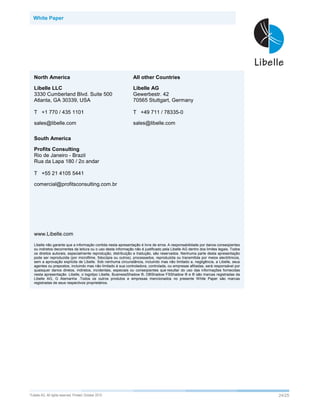 White Paper




   North America                                                All other Countries

   Libelle LLC                                                  Libelle AG
   3330 Cumberland Blvd. Suite 500                              Gewerbestr. 42
   Atlanta, GA 30339, USA                                       70565 Stuttgart, Germany

   T +1 770 / 435 1101                                          T +49 711 / 78335-0

   sales@libelle.com                                            sales@libelle.com

   South America

   Profits Consulting
   Rio de Janeiro - Brazil
   Rua da Lapa 180 / 2o andar

   T +55 21 4105 5441

   comercial@profitsconsulting.com.br




   www.Libelle.com

   Libelle não garante que a informação contida nesta apresentação é livre de erros. A responsabilidade por danos conseqüentes
   ou indiretos decorrentes da leitura ou o uso desta informação não é justificado pela Libelle AG dentro dos limites legais. Todos
   os direitos autorais, especialmente reprodução, distribuição e tradução, são reservados. Nenhuma parte desta apresentação
   pode ser reproduzida (por microfilme, fotocópia ou outros), processados, reproduzida ou transmitida por meios electrônicos,
   sem a aprovação explícita de Libelle. Sob nenhuma circunstância, incluindo mas não limitado a, negligência, a Libelle, seus
   agentes ou prepostos, incluindo mas não limitado à sua controladora, controlada, ou empresas afiliadas, será responsável por
   quaisquer danos diretos, indiretos, incidentais, especiais ou conseqüentes que resultar do uso das informações fornecidas
   nesta apresentação. Libelle, o logotipo Libelle, BusinessShadow ®, DBShadow FSShadow ® e ® são marcas registradas da
   Libelle AG, G Alemanha .Todos os outros produtos e empresas mencionados no presente White Paper são marcas
   registradas de seus respectivos proprietários.




©Libelle   AG. All rights reserved. Printed: October 2010                                                                             24/25
 