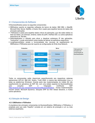 White Paper




4.1. Componentes do Software
O BusinessShadow possui os seguintes componentes:
  DBShadow suporta os seguintes softwares de banco de dados: IBM DB2, o MaxDB,
  Microsoft SQL Server, MySQL e Oracle. Ele é usado para espelhar bancos de dados das
  principais aplicações.
   FSShadow é usado para espelhar dados críticos de aplicações, que não estão retidos na
  base de dados, por exemplo, binários, dados de perfil, interface EDI, ou outros aplicativos
  específicos de flat files.
  SwitchApplication é utilizado para ativar e desativar endereços IP das aplicações,
  “hostnames”, e pode automatizar outras tarefas de failover de aplicativos específicos.
  LongDistanceOption amplia a funcionalidade dos recursos de espelhamento do
  DBShadow e FSShadow para dar suporte as configurações de Wide Area Network.


                                                                                                Visão geral dos
                                                                                                principais dos
                                                                                                componentes do
                                                                                                BusinessShadow




Todos os componentes estão disponíveis especificamente aos respectivos sistemas
operacionais (HP-UX, IBM AIX, Solaris, Tru64 UNIX, a maioria das distribuições Linux, e
todas as plataformas Windows). Grande parte das implementações do Libelle AG são
espelhamento de aplicativos da SAP AG, com uma edição especial do BusinessShadow
para         soluções        SAP         e        Integração       Certificada     SAP
(http://ecohub.sdn.sap.com/irj/ecohub/solutions/BusinessShadow) . Outras implementações
incluem Oracle, Microsoft Dynamics, Soluções ERP da Infor Global Solutions, e muitos
outros aplicativos.



4.2. Solução de Design

4.2.1.DBShadow e FSShadow
A arquitetura dos principais componentes do BusinessShadow, DBShadow e FSShadow, é
projetada para que cada “Espelho” consista em um sistema de produção e um ou mais
sistemas espelhados.




©Libelle   AG. All rights reserved. Printed: October 2010                                                         8/25
 