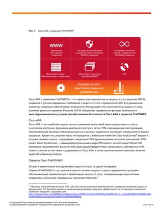 © Корпорация Cisco и/или ее дочерние компании, 2015. Все права защищены.
В данном документе содержится общедоступная информация корпорации Cisco. Стр. 5 из 10
Рис. 1. Cisco ASA с сервисами FirePOWER
Cisco ASA с сервисами FirePOWER — это первое ориентированное на защиту от угроз решение NGFW,
созданное с учетом современных требований к защите от угроз и вредоносного ПО. Его динамичные
элементы управления обеспечивают возможность беспрецедентного мониторинга и защиты от угроз
в режиме реального времени. Решение NGFW объединяет проверенные функции безопасности
многофункционального устройства обеспечения безопасности Cisco ASA и сервисов FirePOWER.
Cisco ASA
Cisco ASA — это наиболее широко распространенный межсетевой экран корпоративного класса
с контролем состояния, функциями удаленного доступа к сетям VPN и расширенной кластеризацией,
обеспечивающий быстрый и безопасный доступ и высокую надежность систем для непрерывности бизнес-
процессов. Кроме того, решение тесно интегрируется с мобильным клиентом Cisco AnyConnect®
версии 4,
который, помимо прочего, поддерживает раздельное VPN-туннелирование на основе приложений. VPN-
клиент Cisco AnyConnect — самый распространенный в мире VPN-клиент, его использует более 130
миллионов пользователей. В случае если организации предпочитают использовать собственные VPN-
клиенты, многие из них также поддерживаются Cisco ASA, а также оригинальными клиентами, включая
Apple iOS и Samsung Android.
Сервисы Cisco FirePOWER
Лучшая в своем классе многоуровневая защита от угроз на одной платформе
Сервисы FirePOWER — это лучшая в отрасли система защиты от угроз и вредоносных программ,
обеспечивающая первоклассную и эффективную защиту от угроз, подтвержденную результатами
независимых испытаний, проведенных компанией NSS Labs.3
3
«Матрица значений безопасности NSS Labs для систем выявления проникновений: усовершенствованная защита от
вредоносного ПО Sourcefire является лидирующим решением в вопросах эффективности и оптимизации совокупной
стоимости владения», Sourcefire.com:
https://info.sourcefire.com/NSSBreachDetectionReportSEM.html?gclid=Cj0KEQjw7bgBRC45uLY_avSrdgBEiQAD3Olx8BtffrsQkN
Ys3AtCojRqyy42V1yLfGyh78OMov3iUAaAlNc8P8HAQ.
 