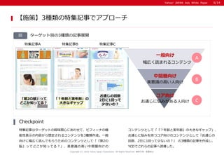 Yahoo! JAPAN Ads White PaperYahoo! JAPAN Ads White Paper

ؼӛ¤ϥ`åȤdζvĤˤ碌ơӥե`ʤΙC
Աʾݤ붨륳ƥĤ3Nɡһ
򤱤˷ڤiǤ餦ΥƥĤȤơ2
×äƤɤ֪äƤ룿Rθߤg򤱤
Checkpoint
ƥĤȤơhȌghδ󤭤ʥåס
ͨːߤ֤ĥ򤱤ΥƥĤȤơͨ
2դ1ؤä٤ʤΣ 3Nӛ¤ɤ
YCDǤӛ¤T
ʩߡ3Nؼӛ¤ǥץ`
Copyright (C) 2016 Yahoo Japan Corporation. All Rights Reserved. o?ܞdֹ
`åȄe3Nӛչ_
6/14
һ
g

hȌgh
󤭤ʥå
2×ä
ɤ֪äƤ룿
ͨλ
2դ1ؤä
٤ʤΣ
ڤiޤ륳ƥ
Rθߤ
ͨːߤ
ؼӛA ؼӛB ؼӛC
A
B
C
 