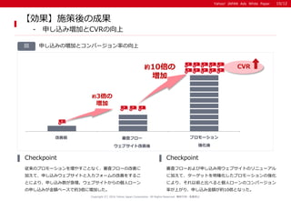 Yahoo! JAPAN Ads White PaperYahoo! JAPAN Ads White Paper
申し込みの増加とコンバージョン率の向上図
従来のプロモーションを増やすことなく、審査フローの改善に
加えて、申し込みウェブサイトと入力フォームの改善をするこ
とにより、申し込み数が急増。ウェブサイトからの個人ローン
の申し込みが金額ベースで約3倍に増加した。
Checkpoint
審査フローおよび申し込み用ウェブサイトのリニューアル
に加えて、ターゲットを明確化したプロモーションの強化
により、それ以前と比べると個人ローンのコンバージョン
率が上がり、申し込み金額が約10倍となった。
Checkpoint
Copyright (C) 2016 Yahoo Japan Corporation. All Rights Reserved. 無断引用・転載禁止
【効果】施策後の成果
- 申し込み増加とCVRの向上
10/12
配信
開始
改善前 改善後 強化後
改善前 審査フロー
ウェブサイト改善後
プロモーション
強化後
約10倍の
増加
CVR
約3倍の
増加
 