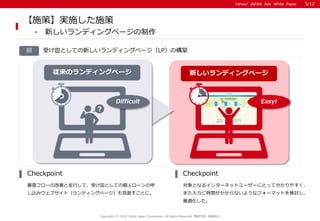 Yahoo! JAPAN Ads White PaperYahoo! JAPAN Ads White Paper
図
審査フローの改善と並行して、受け皿としての個人ローンの申
し込みウェブサイト（ランディングページ）も見直すことに。
Checkpoint
対象となるインターネットユーザーにとって分かりやすく、
また入力に時間がかからないようなフォーマットを検討し、
最適化した。
Checkpoint
【施策】実施した施策
- 新しいランディングページの制作
Copyright (C) 2016 Yahoo Japan Corporation. All Rights Reserved. 無断引用・転載禁止
受け皿としての新しいランディングページ（LP）の構築
新しいランディングページ従来のランディングページ
Difficult Easy!
5/12
 