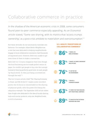 11CONSUMERISM IN THE MILLENNIAL AGE
Collaborative commerce in practice
In the shadow of the American economic crisis in 2008, some consumers
found peer-to-peer commerce especially appealing. As an Economist
article stated, “Some see sharing, with its mantra that ‘access trumps
ownership,’ as a post-crisis antidote to materialism and overconsumption.”
12
But these attitudes do not necessarily translate into
behavior. For example, Adam Berk’s Neighborrow,
a site that was dedicated to helping neighborhoods
engage in local collaborative commerce, had thousands
of registered users. However, Berk was unable to get
even three of them to make a transaction.
Berk told Fast Company magazine that even though
the local borrowing service made perfect sense on
paper, he couldn’t get people to buy into the concept.
Instead of sharing perfectly good tools, he said, people
“go buy [a drill]. Or they just bang a screwdriver
through the wall.” 14
The Fast Company article, titled “The ‘Sharing Economy
is Dead, and We Killed It,” makes some excellent
points, but its focus is concentrated on the sharing
of physical goods, with the power drill being the
ubiquitous example. The September 2015 article states
that of eight sites dedicated to the idea of locally sharing
tools and similar products, only one, NeighborGoods,
is still in business.
IT MAKES LIFE
MORE AFFORDABLE
86%
IT’S BETTER FOR
THE ENVIRONMENT
76%
IT'S MORE FUN THAN ENGAGING
WITH TRADITIONAL COMPANIES
63%
IT MAKES LIFE MORE CONVENIENT
AND EFFICIENT
83%
IT BUILDS A
STRONGER ECONOMY
78%
IT'S BASED ON TRUST BETWEEN
PROVIDERS AND USERS
89%
U.S. ADULTS' PERCEPTIONS OF
COLLABORATIVE COMMERCE 13
 