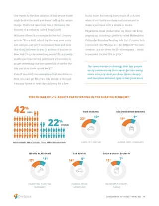 12CONSUMERISM IN THE MILLENNIAL AGE
One reason for the slow adoption of that service model
might be that the math just doesn’t add up for certain
things. That’s the take from Ron J. Williams, the
founder of a company called SnapGoods.
Williams offered this example for the Fast Company
article: “For a drill, which by the way now costs
$30, and you can get it on Amazon Now and have
this thing delivered to you in an hour if you live in
New York City – for something worth $30, is it really
worth your time to trek potentially 25 minutes to
go get something that you spent $15 to use for the
day, and then have to trek back?”
Even if you don’t live somewhere that has Amazon
Now, you can get free two-day delivery through
Amazon Prime or next-day delivery for a few
bucks more. Borrowing loses much of its luster
when it’s virtually as cheap and convenient to
make a purchase with a couple of clicks.
Regardless, local product sharing resources keep
popping up, including a platform called MyNeighbor.
Cofounder Brendan Benzing told Fast Company he’s
convinced that “things will be different” for their
creation: ‘It’s not often the [first] company ... tends
to succeed. It’s the 10th or 13th.”
USERS
OFFERERS
MOST OFFERERS ARE ALSO USERS. TOTAL PARTICIPATION IS 44%
RIDE SHARING
SERVICE PLATFORMS
10%
11%
9%
6%
7%
22%
17%
19%
14%
11%
(UBER, LYFT, SIDECAR)
(HANDY.COM, CARE.COM,
TASKRABBIT)
(AIRBNB, VRBO, HOMEAWAY)
(CAR2GO, ZIPCAR,
GETAROUND)
(INSTACART, POSTMATES,
CAVIAR)
ACCOMODATION SHARING
CAR RENTAL FOOD & GOODS DELIVERY
42%
22%
PERCENTAGE OF U.S. ADULTS PARTICIPATING IN THE SHARING ECONOMY15
The same modern technology that lets people
easily communicate their needs for borrowing
items also lets them purchase items cheaply
and have them delivered right to their front doors.
 
