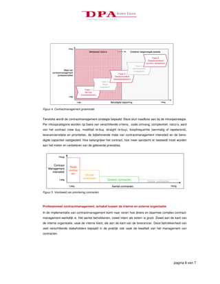 Hoog
                                            Beheersen risico’s                       Creeëren toegevoegde waarde

                                                                                                                Fase 5.
                                                                                                           Geoptimaliseerd
                                                                                                         (continu verbeteren)
                                                                                             Fase 4.
                                                                                          Geïntegreerd
                   Mate van                                                               (integreren)
        contractmanagement
                                                                          Fase 3.
             professionaliteit                                         Gestructureerd
                                                                     (standaardiseren)
                                                         Fase 2.
                                                          Basis
                                                       (bewaken)
                                        Fase 1.
                                         Ad-hoc
                                    (inventariseren)
                         Laag


                                 Laag                              Benodigde inspanning                                 Hoog


Figuur 4. Contractmanagement groeimodel


Tenslotte wordt de contractmanagement strategie bepaald. Deze sluit naadloos aan bij de inkoopstrategie.
Per inkoopcategorie worden op basis van verschillende criteria, zoals omvang, complexiteit, risico’s, aard
van het contract (new buy, modified re-buy, straight re-buy), koopfrequentie (eenmalig of repeterend),
leverancierrelatie en prioriteiten, de bijbehorende mate van contractmanagement intensiteit en de beno-
digde capaciteit vastgesteld. Hoe belangrijker het contract, hoe meer aandacht er besteedt moet worden
aan het meten en verbeteren van de geleverde prestaties.


              Hoog


       Contract
                         ‘Rode’
    Management
                         contrac
      intensiteit
                           ten           ‘Oranje’
                                        contracten
               Laag                                          ‘Groene’ contracten
                                                                                                          ‘Grijze’ contracten
                          Laag                                      Aantal contracten                                           Hoog

Figuur 5. Voorbeeld van prioritering contracten.




Professioneel contractmanagement, schakel tussen de interne en externe organisatie

In de implementatie van contractmanagement komt naar voren hoe divers en daarmee complex contract-
management werkelijk is. Het aantal betrokkenen, zowel intern als extern is groot. Zowel aan de kant van
de interne organisatie, vaak de interne klant, als aan de kant van de leverancier. Deze betrokkenheid van
veel verschillende stakeholders bepaald in de praktijk ook vaak de kwaliteit van het management van
contracten.




                                                                                                                                  pagina 6 van 7
 