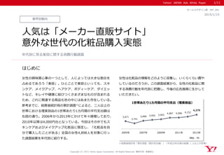 Yahoo! JAPAN Ads White Paper
はじめに
Copyright (C) 2015 Yahoo Japan Corporation. All Rights Reserved. 無断引用・転載禁止
業界別動向
2015/1/15
セールスデザイン部 WP_081
人気は「メーカー直販サイト」
意外な世代の化粧品購入実態
女性の興味関心事の一つとして、人によっては大きな割合を
占めるであろう「美容」。ひとことで美容といっても、スキ
ンケア、メイクアップ、ヘアケア、ボディーケア、ダイエッ
トなど、キレイや健康に結びつくさまざまなものが含まれる
ため、これに関連する商品も世の中にはあまた存在している。
参考までに、総務省統計局の家計調査※によると、二人以上の
世帯における理美容品の1世帯あたり1カ月間の平均支出額は
右図の通り。2006年から2013年にかけて年々微増しており、
2010年以降は4,000円台となっている。今回はその中でもス
キンケアおよびメイクアップ化粧品に限定し、「化粧品を自
分で購入したことがある」全国の女性4,898人を対象に行っ
た調査結果を年代別に紹介する。
女性は化粧品の情報をどのように収集し、いくらくらい費や
しているのだろうか。この調査結果から、女性の化粧品に関
する消費行動を年代別に把握し、今後の広告施策に生かして
いただきたい。
年代別に見る美容に関する消費行動調査
1/11
※総務省統計局「家計調査（家計収支編）」（平成22年以降の結果-二人以上の世帯）
3,871
3,741
3,899 3,955 3,993
4,087 4,096 4,152
4,270
2005年 2007年 2009年 2011年 2013年
（単位： 円）
1世帯あたり1カ月間の平均支出（理美容品）
 