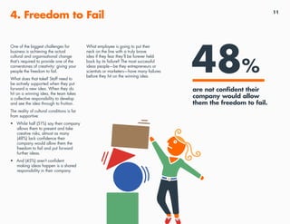 11
4. Freedom to Fail
One of the biggest challenges for
business is achieving the actual
cultural and organisational change
that’s required to provide one of the
cornerstones of creativity: giving your
people the freedom to fail.
What does that take? Staff need to
be actively supported when they put
forward a new idea. When they do
hit on a winning idea, the team takes
a collective responsibility to develop
and see the idea through to fruition.
The reality of cultural conditions is far
from supportive:
•	 Whilst half (51%) say their company
allows them to present and take
creative risks, almost as many
(48%) lack confidence their
company would allow them the
freedom to fail and put forward
further ideas.
•	 And (45%) aren’t confident
making ideas happen is a shared
responsibility in their company.
What employee is going to put their
neck on the line with a truly brave
idea if they fear they’ll be forever held-
back by its failure? The most successful
ideas people—be they entrepreneurs or
scientists or marketers—have many failures
before they hit on the winning idea.
48%
are not confident their
company would allow
them the freedom to fail.
 