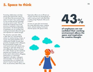 12
5. Space to think
Promoting collaboration and idea-
sharing goes beyond the cultural—
it’s also about the environmental. The
space we work in has a great impact
on how we feel and how motivated
we are to come to work. That’s why
brands like Facebook have made
enormous investments in their work
environments. Yet almost half (43%)
of employees are not confident their
working environment allows the space
and inspiration for creative thought.
The ubiquitous open-plan office
is often seen as a one-size-fits-all
solution to creative sharing. It does, of
course, have great potential to be a
collaboration enabler through sheer
proximity of people to their colleagues.
But environmental changes must
work hand-in-hand with cultural ones;
imposing an open plan design on a
non-collaborative culture is a recipe
for conflict. People can feel “perilously
exposed and constantly worn down
by the need to demonstrate unflagging
performance in a permanent
negotiation with peers, colleagues
and associates.”8
It can also be an
environment that is so cluttered with
stimuli it’s hard to have the space to
think. As ad luminary Steve Henry said,
“Open-plan offices are an efficient use
of space. But they are claustrophobic to
work in and you won’t write Mad Men
or Silver Linings Playbook while you’re
in them”.9
So have an open plan environment,
but create alternative areas—meeting
rooms, relaxed seating, formal and
informal spaces with space to think.
43%
of employees are not
confident their working
environment allows the
space and inspiration
for creative thought.
 