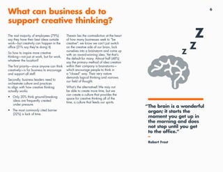 6
What can business do to
support creative thinking?
The vast majority of employees (79%)
say they have their best ideas o...