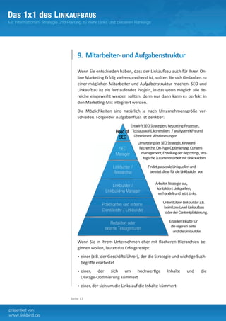 9. Mitarbeiter- und Aufgabenstruktur
    Wenn Sie entschieden haben, dass der Linkaufbau auch für Ihren On-
    line Marketing Erfolg vielversprechend ist, sollten Sie sich Gedanken zu
    einer möglichen Mitarbeiter und Aufgabenstruktur machen. SEO und
    Linkaufbau ist ein fortlaufendes Projekt, in das wenn möglich alle Be-
    reiche eingeweiht werden sollten, denn nur dann kann es perfekt in
    den Marketing-Mix integriert werden.
    Die Möglichkeiten sind natürlich je nach Unternehmensgröße ver-
    schieden. Folgender Aufgabenfluss ist denkbar:
                                 Entwirft SEO Strategien, Reporting-Prozesse ,
                                  Toolauswahl, kontrolliert / analysiert KPIs und
                                   übernimmt Abstimmungen.
                                     Umsetzung der SEO Strategie, Keyword-
                                      Recherche, On-Page-Optimierung, Content-
                                       management, Erstellung der Reportings, stra-
                                        tegische Zusammenarbeit mit Linkbuildern.

                                            Findet passende Linkquellen und
                                             bereitet diese für die Linkbuilder vor.

                                                 Arbeitet Strategie aus,
                                                  kontaktiert Linkquellen,
                                                   verhandelt und setzt Links.

                                                      Unterstützen Linkbuilder z.B.
                                                      beim Low-Level-Linkaufbau
                                                       oder der Contentplatzierung.

                                                           Erstellen Inhalte für
                                                            die eigenen Seite
                                                             und die Linkbuilder.

    Wenn Sie in Ihrem Unternehmen eher mit flacheren Hierarchien be-
    ginnen wollen, lautet das Erfolgsrezept:
    • einer (z.B. der Geschäftsführer), der die Strategie und wichtige Such-
      begriffe erarbeitet
    • einer, der sich um hochwertige                      Inhalte       und       die
      OnPage-Optimierung kümmert
    • einer, der sich um die Links auf die Inhalte kümmert


Seite 17
 