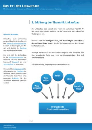 2. Erklärung der Thematik Linkaufbau
                                          Der Linkaufbau lässt sich als eine Form des Marketings / der PR-Ar-
                                          beit bezeichnen, die als höchstes Ziel das Generieren von Links auf Ihr
Definition Wikipedia:                     Webangebot hat.

Linkaufbau (auch Linkbuilding
genannt) beschreibt den Bereich           Verweise von den richtigen Seiten, mit den richtigen Linktexten zu
der Suchmaschinenoptimierung,             den richtigen Zielen sorgen für die Verbesserung Ihrer Seite in den
bei dem es darum geht, die An-            Suchergebnissen.
zahl und Qualität der Backlinks
von Webseiten zu erhöhen.
                                          Benötigt werden für den Linkaufbau lediglich eine passende, den
Das erste Ziel des Linkaufbaus            Link vergebende Seite und eine verlinkungswürdige, den Link
ist die Suchergebnisposition der          erhaltende Seite.
Webseite für einen bestimmten
Suchbegriff (Keyword) bei einer
Suchmaschine zu verbessern.               Einfaches Prinzip, folgend grafisch veranschaulicht:

Hierzu soll die Linkpopularität be-
ziehungsweise der PageRank der
Webseite erhöht werden sowie
die Webseite durch Wahl eines
passenden Linktextes für den
Suchbegriff relevanter gemacht
werden.




                                      Seite 3
 