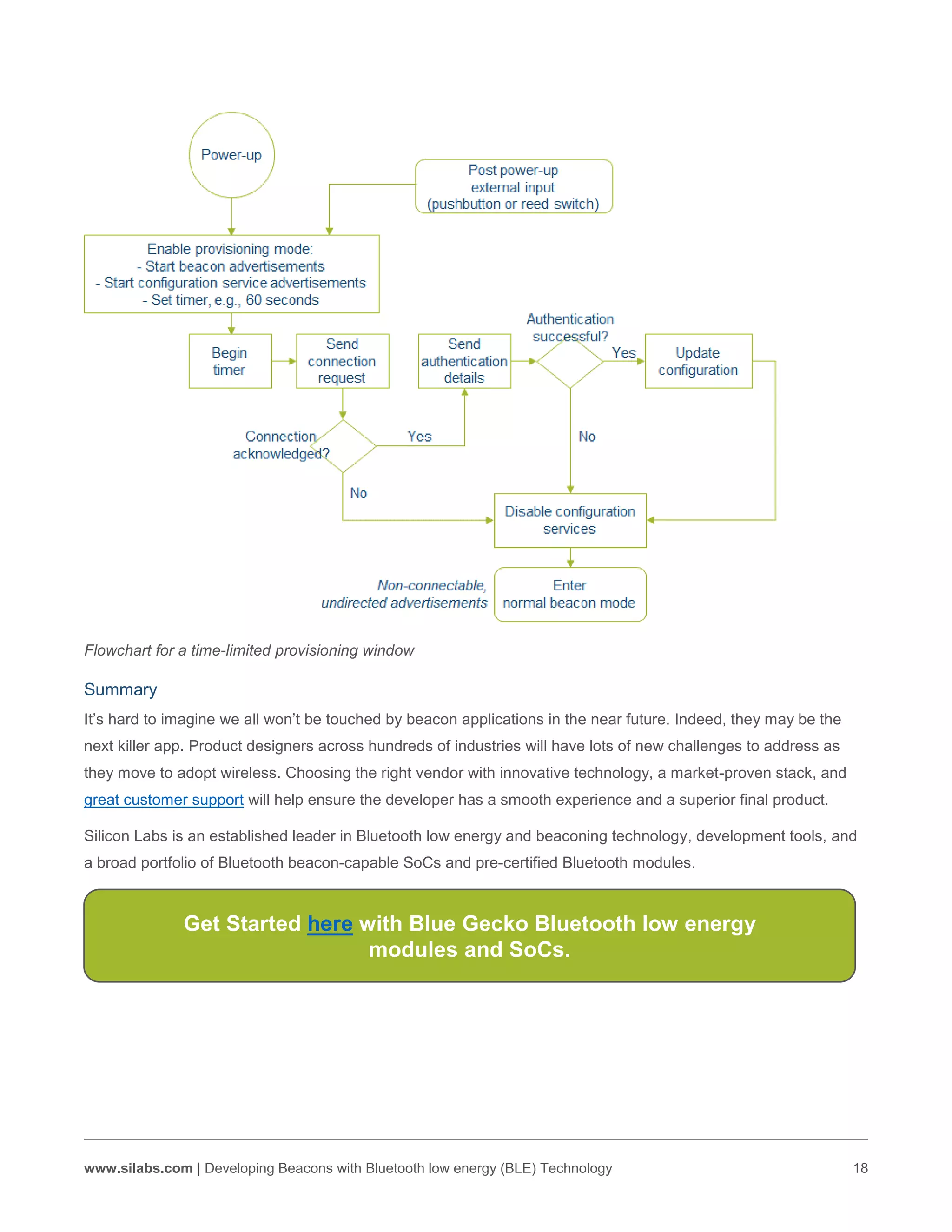 www.silabs.com | Developing Beacons with Bluetooth low energy (BLE) Technology 18
Flowchart for a time-limited provisioning window
Summary
It’s hard to imagine we all won’t be touched by beacon applications in the near future. Indeed, they may be the
next killer app. Product designers across hundreds of industries will have lots of new challenges to address as
they move to adopt wireless. Choosing the right vendor with innovative technology, a market-proven stack, and
great customer support will help ensure the developer has a smooth experience and a superior final product.
Silicon Labs is an established leader in Bluetooth low energy and beaconing technology, development tools, and
a broad portfolio of Bluetooth beacon-capable SoCs and pre-certified Bluetooth modules.
Get Started here with Blue Gecko Bluetooth low energy
modules and SoCs.
 