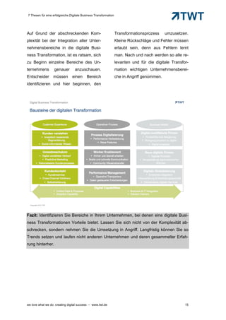7 Thesen für eine erfolgreiche Digitale Business Transformation




Auf Grund der abschreckenden Kom-                                 Transformationsprozess     umzusetzen.
plexität bei der Integration aller Unter-                         Kleine Rückschläge und Fehler müssen
nehmensbereiche in die digitale Busi-                             erlaubt sein, denn aus Fehlern lernt
ness Transformation, ist es ratsam, sich                          man. Nach und nach werden so alle re-
zu Beginn einzelne Bereiche des Un-                               levanten und für die digitale Transfor-
ternehmens         genauer        anzuschauen.                    mation wichtigen Unternehmensberei-
Entscheider       müssen        einen      Bereich                che in Angriff genommen.
identifizieren und hier beginnen, den




Fazit: Identifizieren Sie Bereiche in Ihrem Unternehmen, bei denen eine digitale Busi-
ness Transformationen Vorteile bietet. Lassen Sie sich nicht von der Komplexität ab-
schrecken, sondern nehmen Sie die Umsetzung in Angriff. Langfristig können Sie so
Trends setzen und laufen nicht anderen Unternehmen und deren gesammelter Erfah-
rung hinterher.




we love what we do: creating digital success – www.twt.de                                              15
 