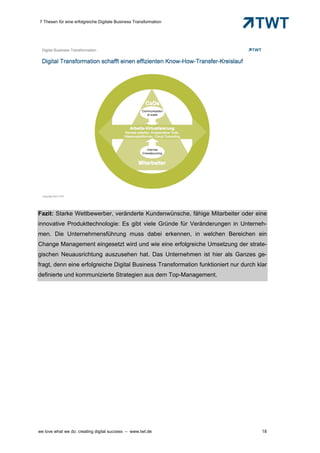 7 Thesen für eine erfolgreiche Digitale Business Transformation




Fazit: Starke Wettbewerber, veränderte Kundenwünsche, fähige Mitarbeiter oder eine
innovative Produkttechnologie: Es gibt viele Gründe für Veränderungen in Unterneh-
men. Die Unternehmensführung muss dabei erkennen, in welchen Bereichen ein
Change Management eingesetzt wird und wie eine erfolgreiche Umsetzung der strate-
gischen Neuausrichtung auszusehen hat. Das Unternehmen ist hier als Ganzes ge-
fragt, denn eine erfolgreiche Digital Business Transformation funktioniert nur durch klar
definierte und kommunizierte Strategien aus dem Top-Management.




we love what we do: creating digital success – www.twt.de                              18
 