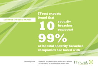 ITrust experts
found that
10
security
breaches
represent
Written by ITrust November 2013, based on the audits conducted over
the past 5 years by our penetration testing team.
of the total security breaches
companies are faced with
99%
« ITRUST » WHITE PAPER
 