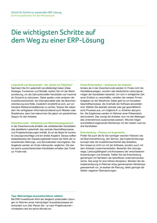 Schritt für Schritt zur passenden ERP-Lösung
Ein Praxisleitfaden für den Mittelstand
Lastenheft und Vorauswahl – die „Guten ins Töpfchen“
Nachdem Sie Ihr Lastenheft vervollständigt haben (Ziele,
Strategie, Funktionen und Modell), starten Sie mit der Markt-
sondierung, um die Zahl potenzieller Kandidaten auf maximal
ein Dutzend zu reduzieren. Dabei spielen unter anderem die
Investitionssicherheit, die Internationalität oder die Branchen-
orientierung eine Rolle. Zusätzlich empfiehlt es sich, auf vor-
handene Referenzinstallationen zu achten. Nutzen Sie neben
dem frei verfügbaren Informationsmaterial auch Messen oder
Roadshows, denn hier bekommen Sie gleich ein persönliches
Gespür für den Anbieter.
Zwischenrunde – Einladung zum Bewerbungsgespräch
In der Zwischenrunde erhalten die verbleibenden Kandidaten
das detaillierte Lastenheft, das zentrale Geschäftsprozesse
und Projektanforderungen enthält. Es ist die Basis für konkre-
te Lösungsvorschläge und ein erstes Angebot. Daraus sollten
beispielsweise der Anpassungsbedarf sowie die Höhe der zu
erwartenden Wartungs- und Servicekosten hervorgehen. Die
Angebote werden am Ende miteinander verglichen. Die drei
bis sechs aussichtsreichsten Kandidaten erhalten das Ticket
zur Finalrunde.
Finale Präsentation – Aufmarsch der Anbieter
Anders als in der Zwischenrunde werden im Finale nicht die
Herstelleraussagen, sondern das tatsächliche Leistungsver-
mögen der Kandidaten bewertet. Um sich in erträglicher Zeit
einen Einblick zu verschaffen, verteilen die meisten Firmen
Aufgaben an die Teilnehmer. Dabei geht es um komplexe
Geschäftsprozesse, die innerhalb der Software abzubilden
sind. Wählen Sie deshalb zentrale oder gar geschäftskriti-
sche Prozesse aus, um mögliche K.-o.-Kriterien abzuprü-
fen. Die Ergebnisse werden im Rahmen einer Präsentation
demonstriert. Das zwingt die Anbieter, sich mit den Belangen
des Unternehmens auseinanderzusetzen. Mitunter folgen
anschließend ergänzende Workshops mit den besten zwei bis
drei Kandidaten.
Entscheidung – Partner auf Augenhöhe.
Prüfen Sie auch die für Sie wichtigen weichen Faktoren wie
die Branchenerfahrung, den Service, das Implementierungs-
konzept oder die Investitionssicherheit des Anbieters.
Sie müssen ja nicht nur mit der Software, sondern auch mit
dem Anbieter zusammenarbeiten. Bewerten Sie Lösungs-
wege, Leistungsfähigkeit und Kompetenz der verschiedenen
Anwendungen und Anbieter. Treffen Sie die Entscheidung
gemeinsam mit Vertretern der betroffenen Unternehmensbe-
reiche. Das sorgt für eine höhere Akzeptanz. Bereiten Sie die
Implementierung im Rahmen eines gemeinsamen Workshops
gewissenhaft vor. Je exakter die Planung, desto geringer die
Gefahr negativer Überraschungen.
Die wichtigsten Schritte auf
dem Weg zu einer ERP-Lösung
Tipp: Mehrstufiges Auswahlverfahren wählen!
Bei ERP-Investitionen führt der Vergleich potenzieller Lösun-
gen im Rahmen eines mehrstufigen Auswahlprozesses am
sichersten zum Ziel. Planen Sie – je nach Projektvolumen –
mindestens drei bis sechs Monate ein.
 