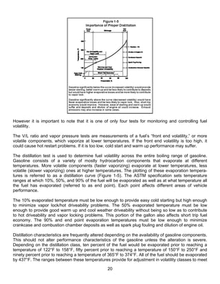 However it is important to note that it is one of only four tests for monitoring and controlling fuel
volatility.

The V/L ratio and vapor pressure tests are measurements of a fuel’s “front end volatility,” or more
volatile components, which vaporize at lower temperatures. If the front end volatility is too high, it
could cause hot restart problems. If it is too low, cold start and warm up performance may suffer.

The distillation test is used to determine fuel volatility across the entire boiling range of gasoline.
Gasoline consists of a variety of mostly hydrocarbon components that evaporate at different
temperatures. More volatile components (faster vaporizing) evaporate at lower temperatures, less
volatile (slower vaporizing) ones at higher temperatures. The plotting of these evaporation tempera-
tures is referred to as a distillation curve (Figure 1-5). The ASTM specification sets temperature
ranges at which 10%, 50%, and 90% of the fuel will be evaporated as well as at what temperature all
the fuel has evaporated (referred to as end point). Each point affects different areas of vehicle
performance.

The 10% evaporated temperature must be low enough to provide easy cold starting but high enough
to minimize vapor lock/hot driveability problems. The 50% evaporated temperature must be low
enough to provide good warm up and cool weather driveability without being so low as to contribute
to hot driveability and vapor locking problems. This portion of the gallon also affects short trip fuel
economy. The 90% and end point evaporation temperatures must be low enough to minimize
crankcase and combustion chamber deposits as well as spark plug fouling and dilution of engine oil.

Distillation characteristics are frequently altered depending on the availability of gasoline components.
This should not alter performance characteristics of the gasoline unless the alteration is severe.
Depending on the distillation class, ten percent of the fuel would be evaporated prior to reaching a
temperature of 122°F to 158°F, fifty percent prior to reaching a temperature of 150°F to 250°F and
ninety percent prior to reaching a temperature of 365°F to 374°F. All of the fuel should be evaporated
by 437°F. The ranges between these temperatures provide for adjustment in volatility classes to meet

                                                   20
 