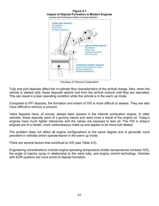 Figure 4-1
                            Impact of Deposit Formation in Modern Engines




                                      Courtesy of Chevron Corporation

Tulip and port deposits affect the in-cylinder flow characteristics of the air/fuel charge. Also, when the
vehicle is started cold, these deposits absorb fuel from the air/fuel mixture until they are saturated.
This can result in a lean operating condition while the vehicle is in the warm up mode.

Compared to PFI deposits, the formation and extent of IVD is more difficult to assess. They are also
more difficult to remove or prevent.

Valve deposits have, of course, always been present in the internal combustion engine. In older
vehicles, these deposits were of a gummy nature and were more a result of the engine oil. Today’s
engines have much tighter tolerances and the valves are exposed to less oil. The IVD in today’s
engines are of a harder, more carbonaceous make up and appear to be more fuel related.

The problem does not affect all engine configurations to the same degree and is generally more
prevalent in vehicles which operate leaner in the warm up mode.

There are several factors that contribute to IVD (see Table 4-2).

Engineering considerations include engine operating temperature (hotter temperatures increase IVD),
the angle of injector spray in relationship to the valve tulip, and engine control technology. Vehicles
with EGR systems are more prone to deposit formation.




                                                    41
 