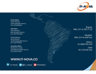 Medellín:
PBX: (57+4) 4487141
Chile
56 2 293 80 533
México
01 8000 990 343
Bogotá:
PBX: (57+1) 390 77 25
Carlos Marín
Socio Director
carlos.marin@it-nova.co
Cel. 3156483049
John Ferro
Socio Director
john.ferro@it-nova.co
Cel. 31674412231
Sandra Bedoya
Socio Director
sandra.bedoya@it-nova.co
Cel. 3167449693
Jacqueline Riaño
Gerente de cuenta
Jacqueline.riano@it-nova.co
Cel. 3105755337
 