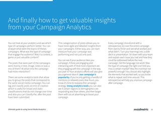 And finally how to get valuable insights
from your Campaign Analytics
You can look at your analytics and see which
type of campaigns perform better. You can
analyze what were the topics of theses
campaigns. What was the type of campaign
that engage the audience? Was it a contest, a
game or just valuable content?
The posts that were part of the campaigns
were mainly in text, image, video or was a
mix of them? At what time the campaign
had more interaction?
There are some analytics tools that allow
you to group the posts that correspond to
the same social media campaign. You can
tag and classify posts at time of creation
which is useful for broad and static
classifications that do not change over time
and also you can classify the, after the post
have been submitted.
This categorization of posts allows you to
have more agile and detailed insights from
your campaigns. Either way, you can start
measure how your campaign was
performing and not just one post.
You can see if your audience likes you
campaign, if there are engaging and
interacting with it? And most important are
they engaging with the campaign in the way
you plan it? Your analytics efforts will also give
you a general idea of your campaign’s
popularity. If you’re only getting a handful of
mentions or retweets every few hours, you
know it’s time to reassess the campaign
strategy. Using analytics tools you can also
see if certain regions or demographics are
responding less than others, and then target
them with social advertising to boost your
campaign.
Every campaign should end with a
retrospective. Go over the entire campaign
from start to finish and see what worked and
what didn’t. Turn your learnings into a slide
deck or presentation. Sit down with your team
and explain each issue you had and how they
could be addressed before the next
campaign. Did the language not work? Was
the type of campaign the right one? Did you
miss a certain market? Was the incentive not
powerful enough? You should also highlight
the elements that worked well, so you know
what to repeat next time around. This
retrospective will help you improve campaign
after campaign.
16Ultimate guide to using Social Media Analytics
 