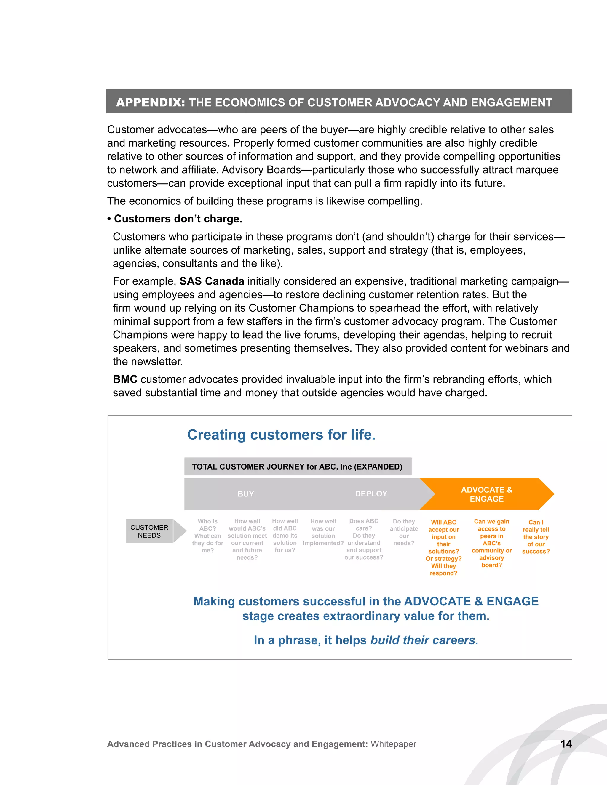 APPENDIX: THE ECONOMICS OF CUSTOMER ADVOCACY AND ENGAGEMENT
Customer advocates—who are peers of the buyer—are highly credible relative to other sales
and marketing resources. Properly formed customer communities are also highly credible
relative to other sources of information and support, and they provide compelling opportunities
to network and affiliate. Advisory Boards—particularly those who successfully attract marquee
customers—can provide exceptional input that can pull a firm rapidly into its future.
The economics of building these programs is likewise compelling.
• Customers don’t charge.
Customers who participate in these programs don’t (and shouldn’t) charge for their services—
unlike alternate sources of marketing, sales, support and strategy (that is, employees,
agencies, consultants and the like).
For example, SAS Canada initially considered an expensive, traditional marketing campaign—
using employees and agencies—to restore declining customer retention rates. But the
firm wound up relying on its Customer Champions to spearhead the effort, with relatively
minimal support from a few staffers in the firm’s customer advocacy program. The Customer
Champions were happy to lead the live forums, developing their agendas, helping to recruit
speakers, and sometimes presenting themselves. They also provided content for webinars and
the newsletter.
BMC customer advocates provided invaluable input into the firm’s rebranding efforts, which
saved substantial time and money that outside agencies would have charged.
14Advanced Practices in Customer Advocacy and Engagement: Whitepaper
Making customers successful in the ADVOCATE  ENGAGE
stage creates extraordinary value for them.
In a phrase, it helps build their careers.
How well
was our
solution
implemented?
Can we gain
access to
peers in
ABC’s
community or
advisory
board?
How well
would ABC’s
solution meet
our current
and future
needs?
How well
did ABC
demo its
solution
for us?
Does ABC
care?
Do they
understand
and support
our success?
Do they
anticipate
our
needs?
Will ABC
accept our
input on
their
solutions?
Or strategy?
Will they
respond?
Can I
really tell
the story
of our
success?
BUY DEPLOY
ADVOCATE 
ENGAGE
CUSTOMER
NEEDS
TOTAL CUSTOMER JOURNEY for ABC, Inc (EXPANDED)
Who is
ABC?
What can
they do for
me?
Creating customers for life.
 