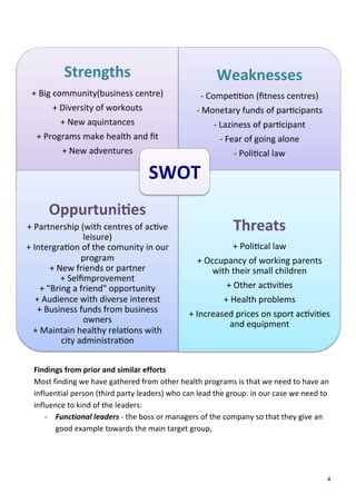                                                                                 	
  
                Strengths	
                                                           Weaknesses	
  
  +	
  Big	
  community(business	
  centre)	
                                     -­‐	
  Compe[[on	
  (ﬁtness	
  centres)	
  
              +	
  Diversity	
  of	
  workouts	
                             -­‐	
  Monetary	
  funds	
  of	
  par[cipants	
  
                   +	
  New	
  aquintances	
                                               -­‐	
  Laziness	
  of	
  par[cipant	
  
   +	
  Programs	
  make	
  health	
  and	
  ﬁt	
  	
                                             -­‐	
  Fear	
  of	
  going	
  alone	
  
                   +	
  New	
  adventures	
                                                                -­‐	
  Poli[cal	
  law	
  
                               	
  


                                                       SWOT	
  
          OppurtuniAes	
  
+	
  Partnership	
  (with	
  centres	
  of	
  ac[ve	
                                         Threats	
  
                              leisure)	
  
+	
  Intergra[on	
  of	
  the	
  comunity	
  in	
  our	
                                       +	
  Poli[cal	
  law	
  
                              program	
                                         +	
  Occupancy	
  of	
  working	
  parents	
  
               +	
  New	
  friends	
  or	
  partner	
                                  with	
  their	
  small	
  children	
  
                     +	
  Selﬁmprovement	
  
         +	
  "Bring	
  a	
  friend"	
  opportunity	
                                      +	
  Other	
  ac[vi[es	
  
      +	
  Audience	
  with	
  diverse	
  interest	
                                      +	
  Health	
  problems	
  
      +	
  Business	
  funds	
  from	
  business	
                        +	
  Increased	
  prices	
  on	
  sport	
  ac[vi[es	
  
                              owners	
                                                       and	
  equipment	
  
     +	
  Maintain	
  healthy	
  rela[ons	
  with	
  
                                                                                                          	
  
                     city	
  administra[on	
  
                                 	
                                                                       	
  
                               	
                                                                                                                   	
  
                               	
  
   Findings	
  from	
  prior	
  and	
  similar	
  efforts	
  
   Most	
  finding	
  we	
  have	
  gathered	
  from	
  other	
  health	
  programs	
  is	
  that	
  we	
  need	
  to	
  have	
  an	
  
   influential	
  person	
  (third	
  party	
  leaders)	
  who	
  can	
  lead	
  the	
  group:	
  in	
  our	
  case	
  we	
  need	
  to	
  
   influence	
  to	
  kind	
  of	
  the	
  leaders:	
  	
  
       -­‐ Functional	
  leaders	
  -­‐	
  the	
  boss	
  or	
  managers	
  of	
  the	
  company	
  so	
  that	
  they	
  give	
  an	
  
            good	
  example	
  towards	
  the	
  main	
  target	
  group,	
  	
  




   	
                                                                                                                                       4	
  
 