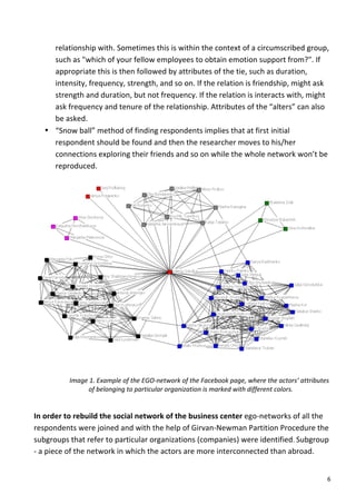relationship	
  with.	
  Sometimes	
  this	
  is	
  within	
  the	
  context	
  of	
  a	
  circumscribed	
  group,	
  
         such	
  as	
  "which	
  of	
  your	
  fellow	
  employees	
  to	
  obtain	
  emotion	
  support	
  from?".	
  If	
  
         appropriate	
  this	
  is	
  then	
  followed	
  by	
  attributes	
  of	
  the	
  tie,	
  such	
  as	
  duration,	
  
         intensity,	
  frequency,	
  strength,	
  and	
  so	
  on.	
  If	
  the	
  relation	
  is	
  friendship,	
  might	
  ask	
  
         strength	
  and	
  duration,	
  but	
  not	
  frequency.	
  If	
  the	
  relation	
  is	
  interacts	
  with,	
  might	
  
         ask	
  frequency	
  and	
  tenure	
  of	
  the	
  relationship.	
  Attributes	
  of	
  the	
  “alters”	
  can	
  also	
  
         be	
  asked.	
  
       • “Snow	
  ball”	
  method	
  of	
  finding	
  respondents	
  implies	
  that	
  at	
  first	
  initial	
  
         respondent	
  should	
  be	
  found	
  and	
  then	
  the	
  researcher	
  moves	
  to	
  his/her	
  
         connections	
  exploring	
  their	
  friends	
  and	
  so	
  on	
  while	
  the	
  whole	
  network	
  won’t	
  be	
  
         reproduced.	
  	
  




	
  
                 Image	
  1.	
  Example	
  of	
  the	
  EGO-­‐network	
  of	
  the	
  Facebook	
  page,	
  where	
  the	
  actors’	
  attributes	
  
                        of	
  belonging	
  to	
  particular	
  organization	
  is	
  marked	
  with	
  different	
  colors.	
  	
  
                                                                                  	
  
	
  
In	
  order	
  to	
  rebuild	
  the	
  social	
  network	
  of	
  the	
  business	
  center	
  ego-­‐networks	
  of	
  all	
  the	
  
respondents	
  were	
  joined	
  and	
  with	
  the	
  help	
  of	
  Girvan-­‐Newman	
  Partition	
  Procedure	
  the	
  
subgroups	
  that	
  refer	
  to	
  particular	
  organizations	
  (companies)	
  were	
  identified.	
  Subgroup	
  
-­‐	
  a	
  piece	
  of	
  the	
  network	
  in	
  which	
  the	
  actors	
  are	
  more	
  interconnected	
  than	
  abroad.	
  


	
                                                                                                                                                6	
  
 