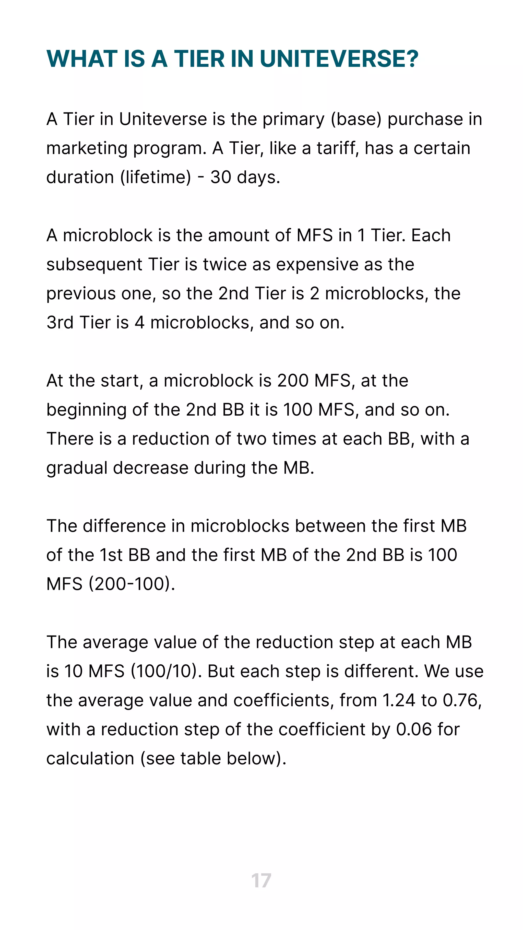 What is a Tier in Uniteverse?


A Tier in Uniteverse is the primary (base) purchase in
marketing program. A Tier, like a tariff, has a certain
duration (lifetime) - 30 days.


A microblock is the amount of MFS in 1 Tier. Each
subsequent Tier is twice as expensive as the
previous one, so the 2nd Tier is 2 microblocks, the
3rd Tier is 4 microblocks, and so on.


At the start, a microblock is 200 MFS, at the
beginning of the 2nd BB it is 100 MFS, and so on.
There is a reduction of two times at each BB, with a
gradual decrease during the MB.


The difference in microblocks between the first MB
of the 1st BB and the first MB of the 2nd BB is 100
MFS (200-100).


The average value of the reduction step at each MB
is 10 MFS (100/10). But each step is different. We use
the average value and coefficients, from 1.24 to 0.76,
with a reduction step of the coefficient by 0.06 for
calculation (see table below).
17
 