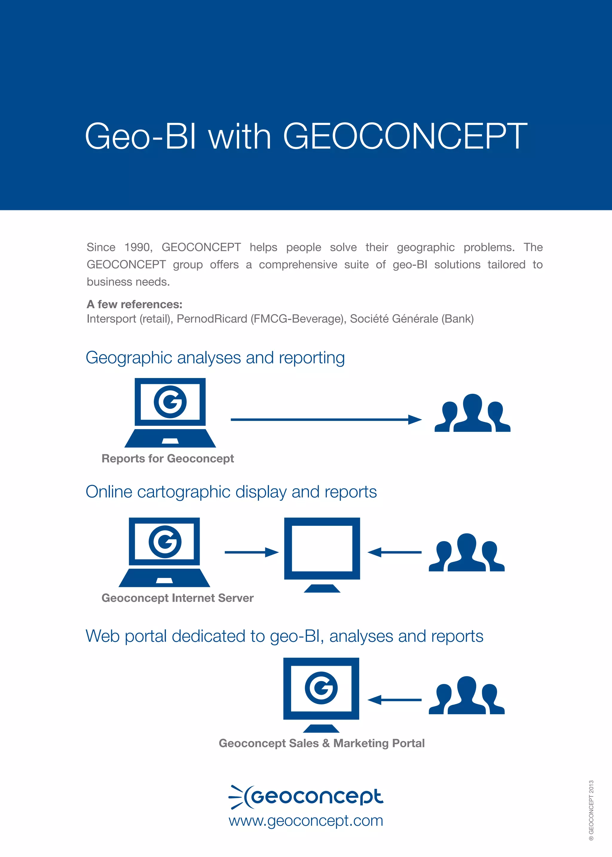 Since 1990, GEOCONCEPT helps people solve their geographic problems. The GEOCONCEPT group offers a comprehensive suite of geo-BI solutions tailored to business needs. 
A few references: 
Intersport (retail), PernodRicard (FMCG-Beverage), Société Générale (Bank) 
www.geoconcept.com 
Geo-BI with GEOCONCEPT 
® GEOCONCEPT 2013 
Geographic analyses and reporting 
Reports for Geoconcept 
Geoconcept Internet Server 
Geoconcept Sales & Marketing Portal 
Online cartographic display and reports 
Web portal dedicated to geo-BI, analyses and reports 