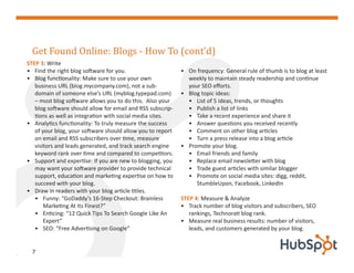 Get Found Online: Blogs - How To (cont’d)
STEP 3: Write
• Find the right blog software for you.                     • On frequency: General rule of thumb is to blog at least
• Blog functionality: Make sure to use your own               weekly to maintain steady readership and continue
   business URL (blog.mycompany.com), not a sub-              your SEO efforts.
   domain of someone else’s URL (myblog.typepad.com)        • Blog topic ideas:
   – most blog software allows you to do this. Also your      • List of 5 ideas, trends, or thoughts
   blog software should allow for email and RSS subscrip-     • Publish a list of links
   tions as well as integration with social media sites.      • Take a recent experience and share it
• Analytics functionality: To truly measure the success       • Answer questions you received recently
   of your blog, your software should allow you to report     • Comment on other blog articles
   on email and RSS subscribers over time, measure            • Turn a press release into a blog article
   visitors and leads generated, and track search engine    • Promote your blog.
   keyword rank over time and compared to competitors.        • Email friends and family
• Support and expertise: If you are new to blogging, you      • Replace email newsletter with blog
   may want your software provider to provide technical       • Trade guest articles with similar blogger
   support, education and marketing expertise on how to       • Promote on social media sites: digg, reddit,
   succeed with your blog.                                       StumbleUpon, Facebook, LinkedIn
• Draw in readers with your blog article titles.
   • Funny: “GoDaddy’s 16-Step Checkout: Brainless          STEP 4: Measure & Analyze
       Marketing At Its Finest?”                            • Track number of blog visitors and subscribers, SEO
   • Enticing: “12 Quick Tips To Search Google Like An         rankings, Technorati blog rank.
       Expert”                                              • Measure real business results: number of visitors,
   • SEO: “Free Advertising on Google”                         leads, and customers generated by your blog.


  7
 