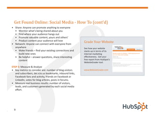 Get Found Online: Social Media - How To (cont’d)
• Share: Anyone can promote anything to everyone
  • Monitor what’s being shared about you



                                                            Grade Your Website
  • Find where your audience hangs out
  • Promote valuable content, yours and others’
  • Product content your audience will love
• Network: Anyone can connect with everyone from
  anywhere                                                  See how your website
  • Make friends – find your existing connections and       stacks up in terms of its
     build new ones                                         Internet marketing
  • Be helpful – answer questions, share interesting        effectiveness. Get your
     content                                                free report from HubSpot’s
                                                            WebsiteGrader tool.
STEP 3: Measure & Analyze
• Key metrics to consider are: number of blog visitors      www.WebsiteGrader.com
   and subscribers, del.icio.us bookmarks, inbound links,
   Facebook fans and activity, friends on Facebook or
   LinkedIn, votes for blog articles, posts in forums.
• Measure real business results: number of visitors,
   leads, and customers generated by each social media
   effort.




  9
 
