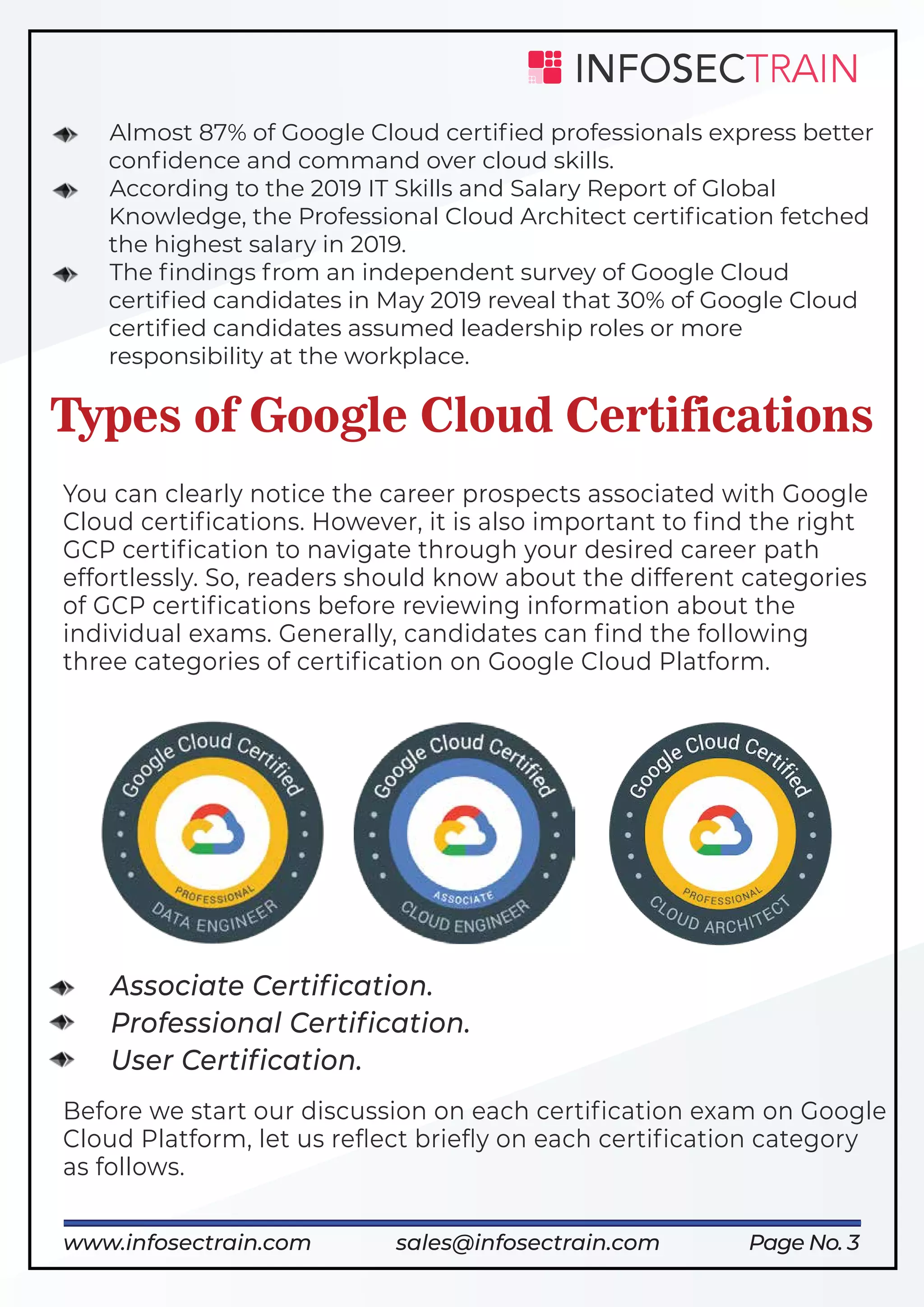 Before we start our discussion on each certiﬁcation exam on Google
Cloud Platform, let us reﬂect brieﬂy on each certiﬁcation category
as follows.
Page No. 3
You can clearly notice the career prospects associated with Google
Cloud certiﬁcations. However, it is also important to ﬁnd the right
GCP certiﬁcation to navigate through your desired career path
effortlessly. So, readers should know about the different categories
of GCP certiﬁcations before reviewing information about the
individual exams. Generally, candidates can ﬁnd the following
three categories of certiﬁcation on Google Cloud Platform.
Associate Certiﬁcation.
Professional Certiﬁcation.
User Certiﬁcation.
Almost 87% of Google Cloud certiﬁed professionals express better
conﬁdence and command over cloud skills.
According to the 2019 IT Skills and Salary Report of Global
Knowledge, the Professional Cloud Architect certiﬁcation fetched
the highest salary in 2019.
· The ﬁndings from an independent survey of Google Cloud
certiﬁed candidates in May 2019 reveal that 30% of Google Cloud
certiﬁed candidates assumed leadership roles or more
responsibility at the workplace.
Types of Google Cloud Certifications
www.infosectrain.com sales@infosectrain.com
 