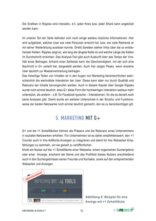 Die Grafiken in Ripples sind interaktiv, d.h. jeder Kreis bzw. jeder Share kann angeklickt
werden kann.


Im unteren Teil der Seite befinden sich noch einige weitere nützliche Informationen: Hier
wird aufgelistet, welcher User wie viele Personen erreicht hat, bzw. wie viele Reshares er
mit seiner Weiterleitung auslösen konnte. Direkt daneben stehen Infos über die so entste-
henden Ketten: Ripples zeigt an, wie lang die längste Kette ist und welche Länge die Ketten
im Durchschnitt erreichen. Das Analyse-Tool gibt auch Auskunft über das Tempo der Vira-
lität eines Beitrages: Anhand einer Zeitleiste kann die Geschwindigkeit, mit der sich eine
Nachricht in G+ verteilt hat, dargestellt werden. Auch hier zeigen Peaks, wenn einzelne
User deutlich zur Massenverbreitung beitragen.
Das freiwillige Teilen von Inhalten ist in den Augen von Marketing-Verantwortlichen wahr-
scheinlich die wertvollste Interaktion der User. Diese kann aber nur durch Qualität und
Relevanz der Inhalte hervorgerufen werden. Auch in diesem Kapitel über Google Ripples
wurde noch einmal deutlich, dass G+ diese Form der hochwertigen Interaktion weitaus mehr
unterstützt, als andere – z.B. für Facebook-typische – Interaktionen, für die es derzeit noch
keine Analysen gibt. Damit wurde ein weiterer Unterschied in der Struktur und Funktions-
weise der beiden Netzwerke noch einmal deutlich gemacht, den es zu berücksichtigen gilt.



                           5. MARKETING MIT G+

G+ und die +1 Schaltflächen können die Präsenz und die Relevanz eines Unternehmens
in sozialen Netzwerken erhöhen. Für Unternehmen ist es daher empfehlenswert, den +1
Counter auch in ihre AdWords Anzeigen zu integrieren und damit für ihre Webseiten Emp-
fehlungen zu sammeln, um sie gezielt zu veröffentlichen.
Klickt ein Nutzer auf die +1 Schaltfläche einer Webseite, einem organischen Suchergebnis
oder einer Anzeige, erscheint der Name und das Profilbild dieses Nutzers anschließend
auch in den Suchergebnissen seiner Freunde und Kontakte, sowie auf den entsprechenden
Webseiten und Anzeigen.




                                                     Abbildung 6: Beispiel für eine
                                                     Anzeige mit +1 Schaltfläche.

EINFÜHRUNG IN GOOGLE +                          16                          ©
 
