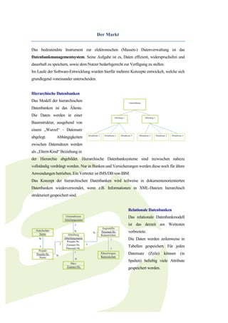 Der Markt


Das bedeutendste Instrument zur elektronischen (Massen-) Datenverwaltung ist das
Datenbankmanagementsystem. Seine Aufgabe ist es, Daten effizient, widerspruchsfrei und
dauerhaft zu speichern, sowie dem Nutzer bedarfsgerecht zur Verfügung zu stellen.
Im Laufe der Software-Entwicklung wurden hierfür mehrere Konzepte entwickelt, welche sich
grundlegend voneinander unterscheiden.


Hierarchische Datenbanken
Das Modell der hierarchischen
Datenbanken ist das Älteste.
Die Daten werden in einer
Baumstruktur, ausgehend von
einem „Wurzel“ - Datensatz
abgelegt.       Abhängigkeiten
zwischen Datensätzen werden
als „Eltern-Kind“ Beziehung in
der Hierarchie abgebildet. Hierarchische Datenbanksysteme sind inzwischen nahezu
vollständig verdrängt worden. Nur in Banken und Versicherungen werden diese noch für ältere
Anwendungen betrieben. Ein Vertreter ist IMS/DB von IBM.
Das Konzept der hierarchischen Datenbanken wird teilweise in dokumentenorientierten
Datenbanken wiederverwendet, wenn z.B. Informationen in XML-Dateien hierarchisch
strukturiert gespeichert sind.


                                                          Relationale Datenbanken
                                                          Das relationale Datenbankmodell
                                                          ist das derzeit am Weitesten
                                                          verbreitete.
                                                          Die Daten werden zeilenweise in
                                                          Tabellen gespeichert. Für jeden
                                                          Datensatz      (Zeile)   können   (in
                                                          Spalten) beliebig viele Attribute
                                                          gespeichert werden.
 