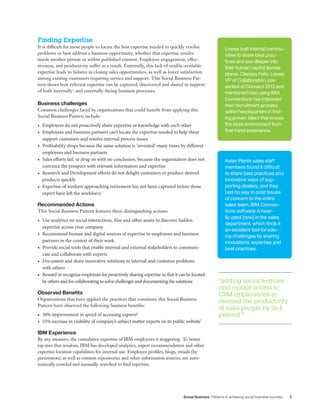 Social Business Patterns in achieving social business success 5
Finding Expertise
It is difficult for most people to locate the best expertise needed to quickly resolve
problems or best address a business opportunity, whether that expertise resides
inside another person or within published content. Employee engagement, effec-
tiveness, and productivity suffer as a result. Externally, this lack of readily-available
expertise leads to failures in closing sales opportunities, as well as lower satisfaction
among existing customers requiring service and support. This Social Business Pat-
tern shows how relevant expertise can be captured, discovered and shared in support
of both internally- and externally-facing business processes.
Business challenges
Common challenges faced by organizations that could benefit from applying this
Social Business Pattern include:
•	 Employees do not proactively share expertise or knowledge with each other
•	 Employees and business partners can’t locate the expertise needed to help them
support customers and resolve internal process issues
•	 Profitability drops because the same solution is ‘invented’ many times by different
employees and business partners
•	 Sales efforts fail, or drag on with no conclusion, because the organization does not
convince the prospect with relevant information and expertise
•	 Research and Development efforts do not delight customers or produce desired
products quickly
•	 Expertise of workers approaching retirement has not been captured before those
expert have left the workforce
Recommended Actions
This Social Business Pattern features these distinguishing actions:
•	 Use analytics on social interactions, files and other assets to discover hidden
expertise across your company
•	 Recommend human and digital sources of expertise to employees and business
partners in the context of their work
•	 Provide social tools that enable internal and external stakeholders to communi-
cate and collaborate with experts
•	 Document and share innovative solutions to internal and customer problems 	
with others
•	 Reward or recognize employees for proactively sharing expertise so that it can be located
by others and for collaborating to solve challenges and documenting the solutions
Observed Benefits
Organizations that have applied the practices that constitute this Social Business
Pattern have observed the following business benefits:
•	 30% improvement in speed of accessing experts6
•	 55% increase in visibility of company’s subject matter experts on its public website7
IBM Experience
By any measure, the cumulative expertise of IBM employees is staggering. To better
tap into that wisdom, IBM has developed analytics, expert recommendation and other
expertise location capabilities for internal use. Employee profiles, blogs, emails (by
permission), as well as content repositories and other information sources, are auto-
matically crawled and manually searched to find expertise.
Lowes built internal commu-
nities to share best prac-
tices and see deeper into
their human capital across
stores. Clarissa Felts, Lowes
VP of Collaboration, pre-
sented at Connect 2013 and
mentioned how using IBM
Connections has improved
their recruitment process
within headquarters in find-
ing proven talent that knows
the store environment from
first-hand experience.
Asian Paints sales staff
members found it difficult
to share best practices and
innovative ways of sup-
porting dealers, and they
had no way to post issues
of concern to the entire
sales team. IBM Connec-
tions software is heav-
ily used [now] in the sales
department, which finds it
an excellent tool for solv-
ing challenges by sharing
innovations, expertise and
best practices.
“adding social features
and mobile access to
CRM applications in-
creased the productivity
of sales people by 26.4
percent”5
 