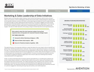 Big Data for Marketing & Sales
Sponsored by
Ownership Strategy
* Source: A survey of 300 enterprise organizations, conducted by IDG Connect on behalf of Avention in 2014.
InitiativesNeeds
Marketing & Sales Leadership of Data Initiatives
Multiple needs are driving data-related initiatives. Given the fact that enterprise-wide functions all have a
stake in the outcome, it can be challenging to identify and prioritize needs. Understanding the catalysts that
are driving data initiatives, business information, and prospecting and enablement tools for sales/marketing
can shed some light on where organizational-level priorities lay.The research suggests only 13% of those
surveyed report that Data Quality or Data Currency is the priority catalyst for organizations.The remaining
87% of drivers/catalysts are about organizations initiating key goals to purpose data with analytics and
insights.The need for better decisions, time savings, and go to market execution are driving the decisions.
The opportunity lies in focusing data initiatives on areas that deliver the most impact in terms of growth and
performance. Identifying shared areas of“data pain”that cut across organizational functions is an important
first step.This can be used to build consensus across stakeholders on key priorities. Getting to a shared view
is crucial to investment selection that serves the organization as a whole, rather than the frequent occurrence
of siloed projects that may duplicate or complicate efforts.To ensure a successful and impactful outcome,
it is important to target key analytical insight areas most critical to sales and marketing that will deliver
measurable benefit to the organization.
Finally, it’s obvious that these types of projects need focused leadership. In considering the catalysts and
drivers of data-related initiatives, it is clear that there needs to be a push for sales and marketing to drive
the analytical discussion and priorities.This makes sense given their closeness to the customer, and their
propensity to drive the short-term business results demanded by both organizational executives and
shareholders alike.The imperatives that sales and marketing live by will help keep data investments focused
on customer engagement, attracting and acquiring new business, and market expansion.
DRIVERS OF DATA-RELATED INITATIVES
Need for Better Data
Analytics
53%
49%
46%
43%
40%
40%
40%
38%
38%
Desire for Predictive
Analytics Capability
Demand for Better
Marketing Intelligence
Challenges with Data
Currency
Unsatisfactory Return on
Campaign Investments
Inability to Search
Unstructured Data
Need for Increased Email
Effectiveness
Increased Frustration
with Prospecting Time
Requirements
Purchasing Duplicate Data
Inadvertently
When asked to select the most important catalyst, the top three responses
show a strong desire for movement towards strategic impact.
TOP THREE CATALYST
1. Demand for Better Marketing Intelligence (19%)
2. Need for Better Data Analytics (16%)
3. Desire for Predictive Analytics Capability (13%)
When asked to select the most important catalyst, the top three
responses show a strong desire for movement towards strategic impact.
TOP THREE CATALYSTS
Demand for Better Marketing Intelligence - 19%
Need for Better Data Analytics - 16%
Desire for Predictive Analytics Capability - 13%
1
2
3
 