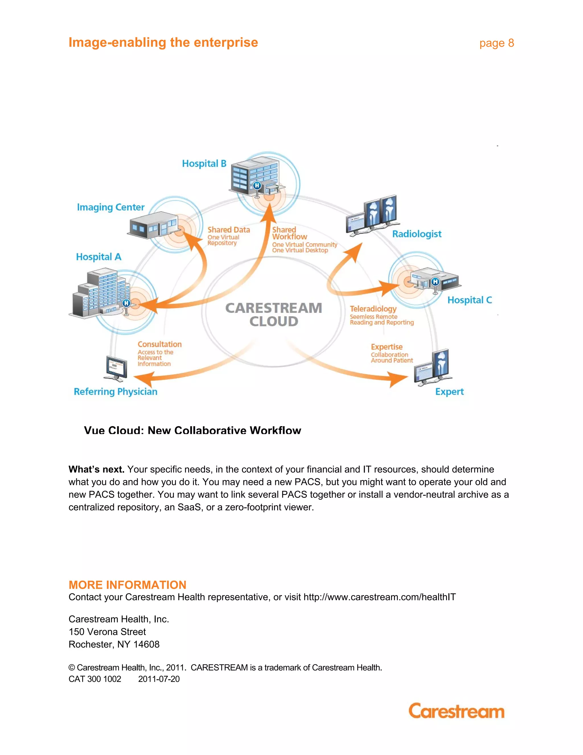 Image-enabling the enterprise page 8
What’s next. Your specific needs, in the context of your financial and IT resources, should determine
what you do and how you do it. You may need a new PACS, but you might want to operate your old and
new PACS together. You may want to link several PACS together or install a vendor-neutral archive as a
centralized repository, an SaaS, or a zero-footprint viewer.
MORE INFORMATION
Contact your Carestream Health representative, or visit http://www.carestream.com/healthIT
Carestream Health, Inc.
150 Verona Street
Rochester, NY 14608
© Carestream Health, Inc., 2011. CARESTREAM is a trademark of Carestream Health.
CAT 300 1002 2011-07-20
Vue Cloud: New Collaborative Workflow
 