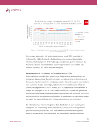 © Cedexis. All rights reserved.
26
www.cedexis.com
On constate qu’entre les FAI, les temps de réponse vers le CDN varient de 40
millisecondes à 65 millisecondes. Cet écart de performance est d’autant plus
révélateur de la complexité d’internet lorsque l’on constate que les utilisateurs du
fournisseur d’accès internet SFR sont les moins performants pour accéder à du
contenu stocké sur le CDN de la même entreprise.
Le déplacement de l’intelligence technologique vers les CDNs
L’externalisation complète d’un système pose également certains problèmes aux
entreprises disposant déjà d’une infrastructure complète en interne. Premièrement,
la nouvelle plateforme doit être compatible avec les éléments existants chez le client,
non seulement du côté matériel pour adapter les données et logiciels utilisés en
interne, mais également au niveau humain, où il faut adapter les comportements et
usages des employés. Le but de ce document n’étant pas d’exposer des généralités
concernant l’externalisation des systèmes d’informations d’une entreprise, nous nous
concentreront sur les conséquences possibles du passage vers un fournisseur unique
en regard du rapport de force entre l’éditeur de contenu et son prestataire.
En externalisant au maximum la gestion de la distribution de leurs contenus, les
entreprises ont laissé champ libre aux CDN et aux Clouds pour développer leurs
propres solutions propriétaires. Ainsi, les CDN ont notamment développé des
services visant à rendre unique leur offre, afin de limiter les transferts de clients
Figure 13: Comparaison des performances du CDN de SFR suivant les fournisseurs
d’accès internet français
 