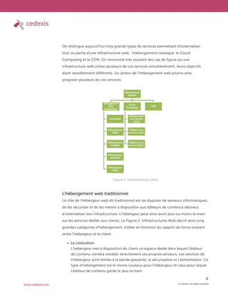 © Cedexis. All rights reserved.
8
www.cedexis.com
On distingue aujourd’hui trois grands types de services permettant d’externaliser
tout ou partie d’une infrastructure web : l’hébergement classique, le Cloud
Computing et le CDN. On rencontre très souvent des cas de figure où une
infrastructure web utilise plusieurs de ces services simultanément, leurs objectifs
étant sensiblement différents. Un acteur de l’hébergement web pourra ainsi
proposer plusieurs de ces services.
L’hébergement web traditionnel
Le rôle de l’hébergeur web dit traditionnel est de disposer de serveurs informatiques,
de les sécuriser et de les mettre à disposition aux éditeurs de contenus désireux
d’externaliser leur infrastructure. L’hébergeur peut ainsi avoir plus ou moins la main
sur les services dédiés aux clients. La Figure 2: Infrastructures Web décrit ainsi cinq
grandes catégories d’hébergement, listées en fonction du rapport de force existant
entre l’hébergeur et le client.
La colocation
L’hébergeur met à disposition du client un espace dédié dans lequel l’éditeur
de contenu viendra installer directement ses propres serveurs. Les services de
l’hébergeur sont limités à la bande passante, la sécurisation et l’alimentation. Ce
type d’hébergement est le moins couteux pour l’hébergeur et celui pour lequel
l’éditeur de contenu garde le plus la main.
Figure 2: Infrastructures Web
 