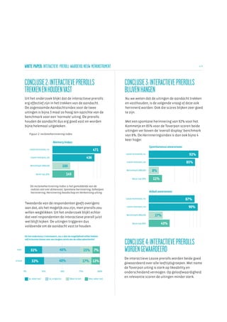 WHITE PAPER: INTERACTIEVE PREROLL WAARDEVOL NIEUW MERKINSTRUMENT                                                                            4/ 6




        CONCLUSIE 2: INTERACTIEVE PREROLLS                                                  CONCLUSIE 3: INTERACTIEVE PREROLLS
        TREKKEN EN HOUDEN VAST                                                              BLIJVEN HANGEN
        Uit het onderzoek blijkt dat de interactieve prerolls                               Nu we weten dat de uitingen de aandacht trekken
        erg effectief zijn in het trekken van de aandacht.                                  en vasthouden, is de volgende vraag of deze ook
        De zogenaamde Aandachtsindex voor de twee                                           herinnerd worden. Ook die scores blijken zeer goed
        uitingen is bijna 3 maal zo hoog ten opzichte van de                                te zijn.
        benchmark voor een 'normale' uiting. De prerolls
        houden de aandacht dus erg goed vast en worden                                      Met een spontane herinnering van 92% voor het
        bijna helemaal uitgekeken.                                                          Kommetje en 85% voor de Toverpan scoren beide
                                                                                            uitingen ver boven de 'overall display' benchmark
             Figuur 2: reclameherinnering index
                                                                                            van 8%. De Herinneringsindex is dan ook bijna 4
                                                                                            keer hoger.
                                      Memory Index:
                                                                                                                    Spontaneous awareness:
             Lassie kommetje; nu                                               471
                                                                                            Lassie kommetje; nu                               92%
              Lassie toverpan; zie                                       436
                                                                                             Lassie toverpan; zie                            85%
              Benchmark 300x250                    100
                                                                                             Benchmark 300x250        8%
                    Norm top 20%                     145
                                                                                                  Norm top 20%        11%
              De reclameherinnering Index is het gemiddelde van de
              indices van vier dimensies: Spontane herinnering, Geholpen
              herinnering, Herinnering boodschap en Herkenning uiting.                                              Aided awareness:

                                                                                            Lassie kommetje; nu                              87%
         Tweederde van de respondenten geeft overigens
         aan dat, als het mogelijk zou zijn, men prerolls zou                                Lassie toverpan; zie                             90%
         willen wegklikken. Uit het onderzoek blijkt echter
         dat veel respondenten de interactieve preroll juist
                                                                                             Benchmark 300x250         27%
         wel blijft kijken. De uitingen triggeren dus                                             Norm top 20%              43%
         voldoende om de aandacht vast te houden.

        Als het onderwerp u interesseert, zou u dan de mogelijkheid willen hebben


                                                                                            CONCLUSIE 4: INTERACTIEVE PREROLLS
        zelf te kunnen kiezen voor een langere versie van de video advertentie?



 man          31%                             46%                       15%    7%           WORDEN GEWAARDEERD
                                                                                            De interactieve Lassie prerolls worden beide goed
vrouw           32%                          40%                        17% 12%
                                                                                            gewaardeerd over alle leeftijdsgroepen. Met name
                                                                                            de Toverpan uiting is sterk op likeability en
        0%                   25%               50%                75%             100%
                                                                                            onderscheidend vermogen. Op geloofwaardigheid
             Ja, zeker wel         Ja, enigszins         Weet ik niet     Nee, zeker niet
                                                                                            en relevantie scoren de uitingen minder sterk.
 