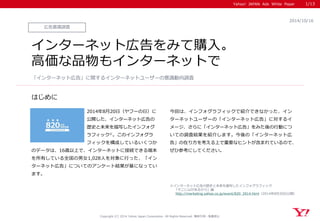Yahoo! JAPAN Ads White Paper 
はじめに 
Copyright (C) 2014 Yahoo Japan Corporation. All Rights Reserved. 無断引用・転載禁止 
広告意識調査 
2014/10/16 
インターネット広告をみて購入。 
高価な品物もインターネットで 
2014年8月20日（ヤフーの日）に 
公開した、インターネット広告の 
歴史と未来を描写したインフォグ 
ラフィック※。このインフォグラ 
フィックを構成しているいくつか のデータは、16歳以上で、インターネットに接続できる端末 を所有している全国の男女1,028人を対象に行った、「イン ターネット広告」についてのアンケート結果が基になってい ます。 
今回は、インフォグラフィックで紹介できなかった、イン ターネットユーザーの「インターネット広告」に対するイ メージ、さらに「インターネット広告」をみた後の行動につ いての調査結果を紹介します。今後の「インターネット広 告」の在り方を考える上で重要なヒントが含まれているので、 ぜひ参考にしてください。 
「インターネット広告」に関するインターネットユーザーの意識動向調査 
※インターネット広告の歴史と未来を描写したインフォグラフィック 
「そこに山があるから」編 
http://marketing.yahoo.co.jp/event/820_2014.html（2014年8月20日公開） 
1/13 
 