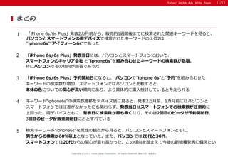 Yahoo! JAPAN Ads White Paper
まとめ
1 「iPhone 6s/6s Plus」発表2カ月前から、販売約1週間後までに検索された関連キーワードを見ると、
パソコンとスマートフォンの両デバイスで検索されたキーワードの上位2は
“iphone6s”“アイフォーン6s”であった
2 「iPhone 6s/6s Plus」発表当日には、パソコンとスマートフォンにおいて、
スマートフォンのキャリア会社 と“iphone6s”を組み合わせたキーワードの検索数が急増。
特にパソコンでその傾向が顕著であった
3 「iPhone 6s/6s Plus」予約開始日になると、 パソコンで“iphone 6s”と“予約”を組み合わせた
キーワードの検索数が増加。スマートフォンではパソコンと比較すると、
本体の色についての関心が高い傾向にあり、より具体的に購入検討していると考えられる
4 キーワード“iphone6s”の検索数推移をデバイス別に見ると、発表2カ月前、1カ月前にはパソコンと
スマートフォンでほぼ差がなかったにも関わらず、発表当日はスマートフォンでの検索数が圧倒的に
上回った。両デバイスともに、発表日に検索数が最も多くなり、その後2回目のピークが予約開始日、
3回目のピークが販売開始日におとずれている
5 検索キーワード“iphone6s”を属性の観点から見ると、パソコンとスマートフォンともに、
男性からの検索が60％以上となっていた。また、パソコンでは20代と30代、
スマートフォンでは20代からの関心が最も高かった。この傾向を踏まえて今後の新機種発表に備えたい
Copyright (C) 2015 Yahoo Japan Corporation. All Rights Reserved. 無断引用・転載禁止
11/13
 