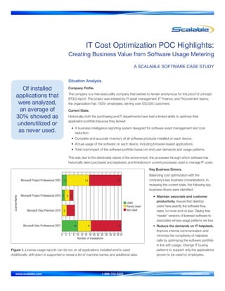 IT Cost Optimization POC Highlights:

Creating Business Value from Software Usage Metering
A SCALABLE SOFTWARE CASE STUDY
Situation Analysis

Of installed
applications that
were analyzed,
an average of
30% showed as
underutilized or
as never used.

Company Profile.
The company is a mid-sized utility company that wished to remain anonymous for this proof of concept
(POC) report. The project was initiated by IT asset management, IT Finance, and Procurement teams;
the organization has 1500+ employees, serving over 550,000 customers.
Current State.
Historically, both the purchasing and IT departments have had a limited ability to optimize their
application portfolio because they lacked:
•	 A business intelligence reporting system designed for software asset management and cost
reduction.
•	 Complete and accurate inventory of all software products installed on each device.
•	 Actual usage of the software on each device, including browser-based applications.
•	 Total cost impact of the software portfolio based on end user demands and usage patterns.
This was due to the distributed nature of the environment, the processes through which software has
historically been purchased and deployed, and limitations in current processes used to manage IT costs.
Key Business Drivers.
Balancing cost optimization with the
company’s key business considerations. In
reviewing the current state, the following key
business drivers were identiﬁed:
•	 Maintain associate and customer
productivity. Assure that desktop
users have exactly the software they
need, no more and no less. Deploy free
“reader” versions of licensed software to
associates whose usage patterns are low.

Figure 1. License usage reports can be run on all applications installed and/or used.
Additionally, drill-down is supported to reveal a list of machine names and additional data.

www.scalable.com	

1-866-722-5225 	

•	 Reduce the demands on IT helpdesk.
Improve internal communication and
minimize the complexity of helpdesk
calls by optimizing the software portfolio
in line with usage. Change IT buying
patterns to support only the applications
proven to be used by employees.

sales@scalable.com

 