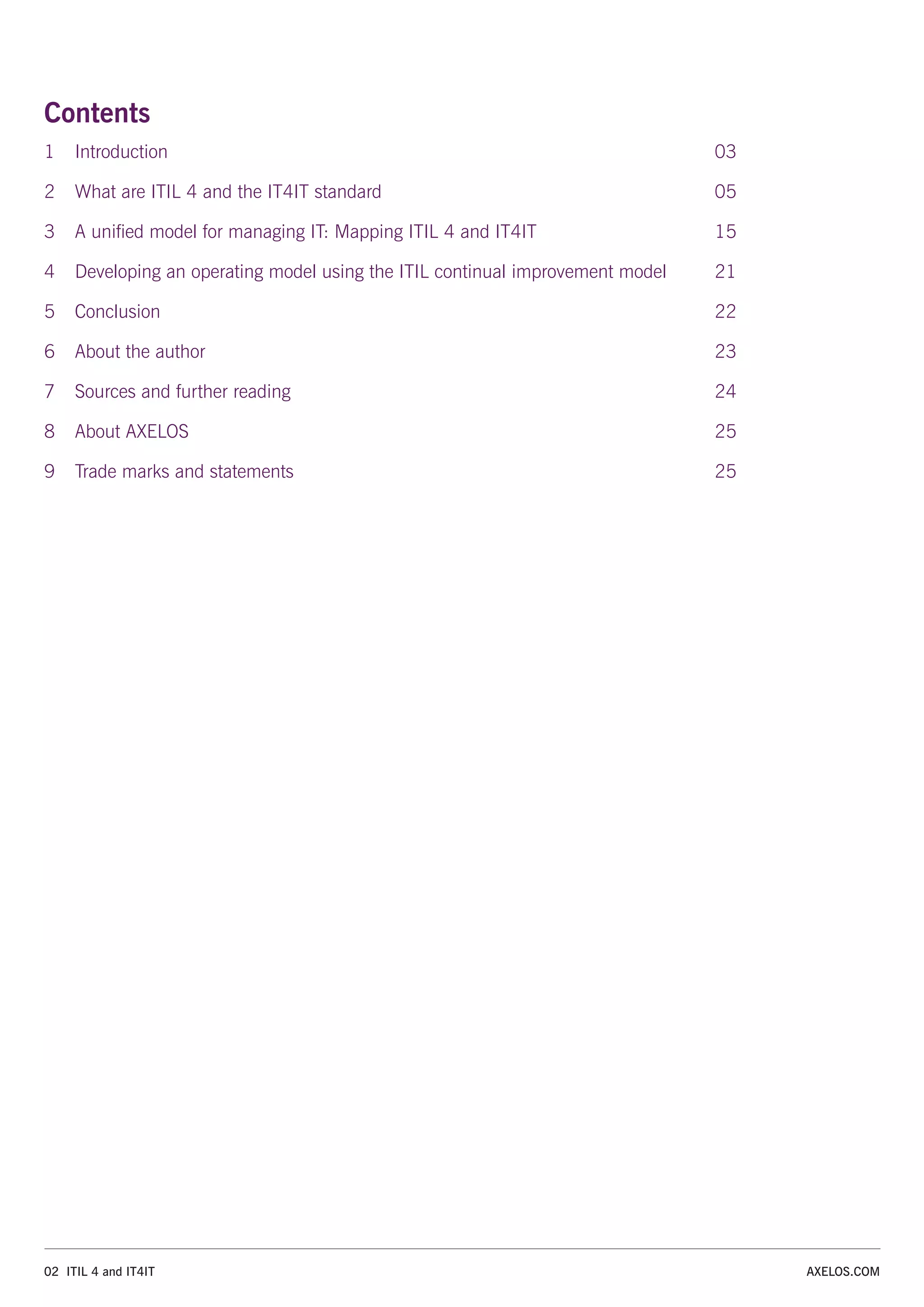 Contents
1 Introduction										03
2 What are ITIL 4 and the IT4IT standard						 05
3 A unified model for managing IT: Mapping ITIL 4 and IT4IT 15
4 Developing an operating model using the ITIL continual improvement model 21
5 Conclusion 22
6 About the author										23
7 Sources and further reading 24
8 About AXELOS										25
9 Trade marks and statements 25
02 ITIL 4 and IT4IT AXELOS.COM
 