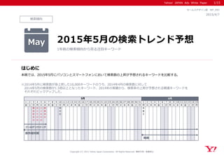 Yahoo! JAPAN Ads White Paper
検索傾向
はじめに
Copyright (C) 2015 Yahoo Japan Corporation. All Rights Reserved. 無断引用・転載禁止
2015/4/7
セールスデザイン部 WP_093
本稿では、2015年5月にパソコンとスマートフォンにおいて検索数の上昇が予想されるキーワードを比較する。
※2014年5月に検索数が急上昇した10,000キーワードのうち、2014年4月の検索数に対して
2014年5月の検索数が1.5倍以上となったキーワード、2014年の実績から、検索率の上昇が予想される関連キーワードを
それぞれピックアップした。
May 2015年5月の検索トレンド予想
1年前の検索傾向から見る注目キーワード
1/15
1 2 3 4 5 6 7 8 9 10 11 12 13 14 15 16 17 18 19 20 21 22 23 24 25 26 27 28 29 30 31 1 2 3 4 5 6 7 8 9 10 11 12 13 14 15
金 土 日 月 火 水 木 金 土 日 月 火 水 木 金 土 日 月 火 水 木 金 土 日 月 火 水 木 金 土 日 月 火 水 木 金 土 日 月 火 水 木 金 土 日 月
憲
法
記
念
日
み
ど
り
の
日
こ
ど
も
の
日
振
替
休
日
母
の
日
衣
替
え
6月5月
ゴールデンウイーク
紫外線対策
梅雨
 