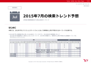 Yahoo! JAPAN Ads White Paper
検索傾向
はじめに
Copyright (C) 2015 Yahoo Japan Corporation. All Rights Reserved. 無断引用・転載禁止
2015/6/2
セールスデザイン部 WP_103
本稿では、2015年7月にパソコンとスマートフォンにおいて検索数の上昇が予想されるキーワードを比較する。
※2014年7月に検索数が急上昇した10,000キーワードのうち、2014年6月の検索数に対して
2014年7月の検索数が1.5倍以上となったキーワード、2014年の実績から、検索率の上昇が予想される関連キーワードを
それぞれピックアップした。
Jul 2015年7月の検索トレンド予想
1年前の検索傾向から見る注目キーワード
1/15
1 2 3 4 5 6 7 8 9 10 11 12 13 14 15 16 17 18 19 20 21 22 23 24 25 26 27 28 29 30 31 1 2 3 4 5 6 7 8 9 10 11 12 13 14 15
水 木 金 土 日 月 火 水 木 金 土 日 月 火 水 木 金 土 日 月 火 水 木 金 土 日 月 火 水 木 金 土 日 月 火 水 木 金 土 日 月 火 水 木 金 土
七
夕
海
の
日
土
用
の
丑
土
用
の
丑
7月 8月
紫外線対策
お中元商戦
お盆休み
夏休みアルバイト（短期アルバイト）
夏祭り・花火大会・海水浴・マリンスポーツ
 